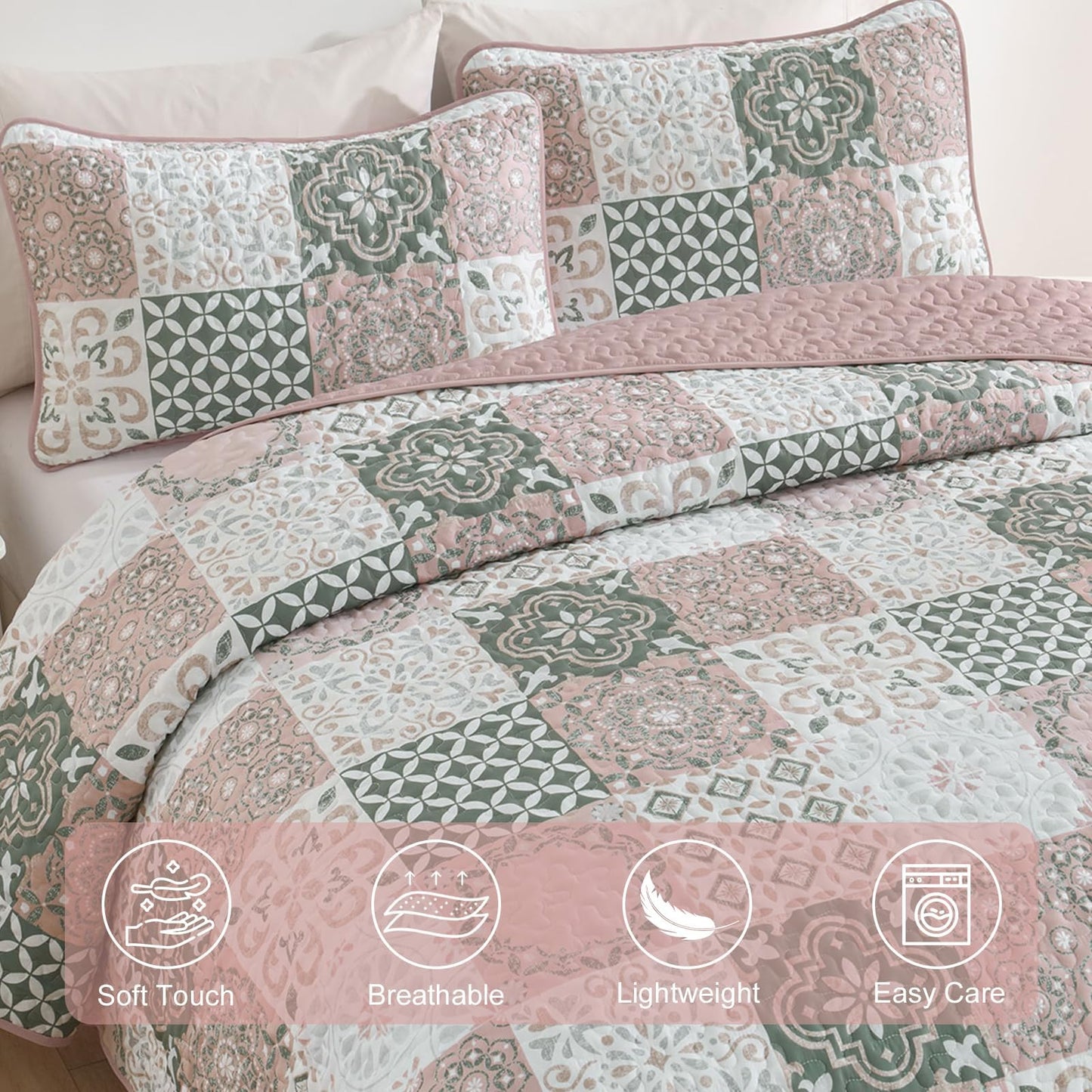 Dobuyly Blush Quilt Set Queen Size, Boho Patchwork Plaid Bedspread Coverlet Set, 3 Pieces Soft Microfiber Farmhouse Quilt Bedding Set Lightweight Bed Cover for All Seasons 96"x90"