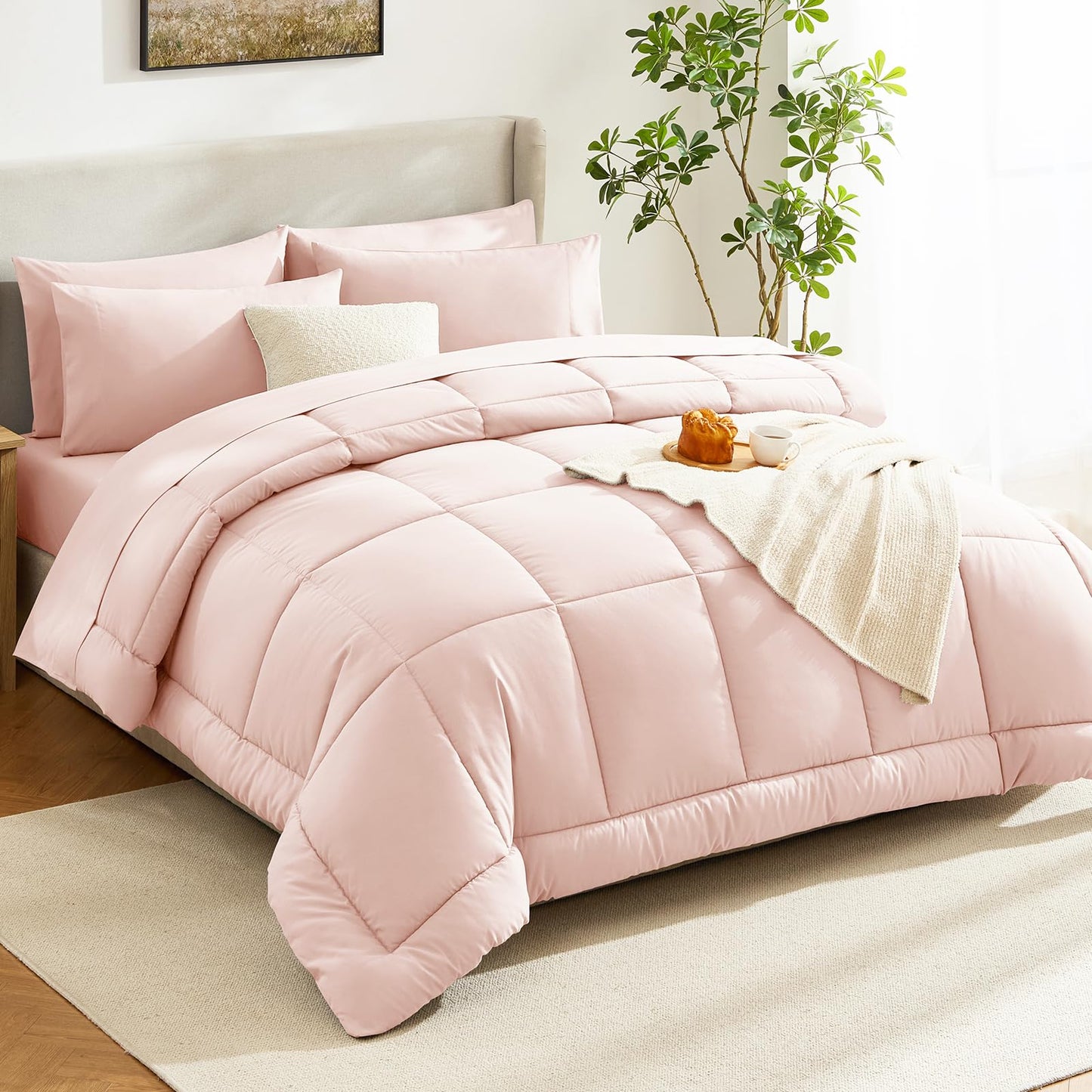 CozyLux Queen Comforter Set Blush Pink, 7 Pieces Bed in a Bag, Pink Comforters Queen Size, All Season Bedding Sets with Stitch Quilted Comforter, Flat Sheet, Fitted Sheet, Pillowcases