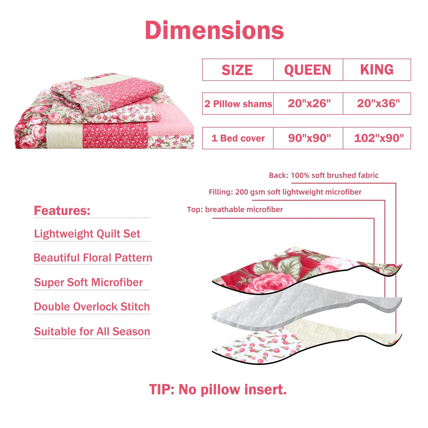 Cmfshape Summer Floral Queen Quilted Bedspread,Romantic Pink Quilt Set Full,Reversible Stitched Bedding Set All Season,Soft Lightweight Coverlet with Pillow Cases (Hot Pink&Rose, Queen90 x90)