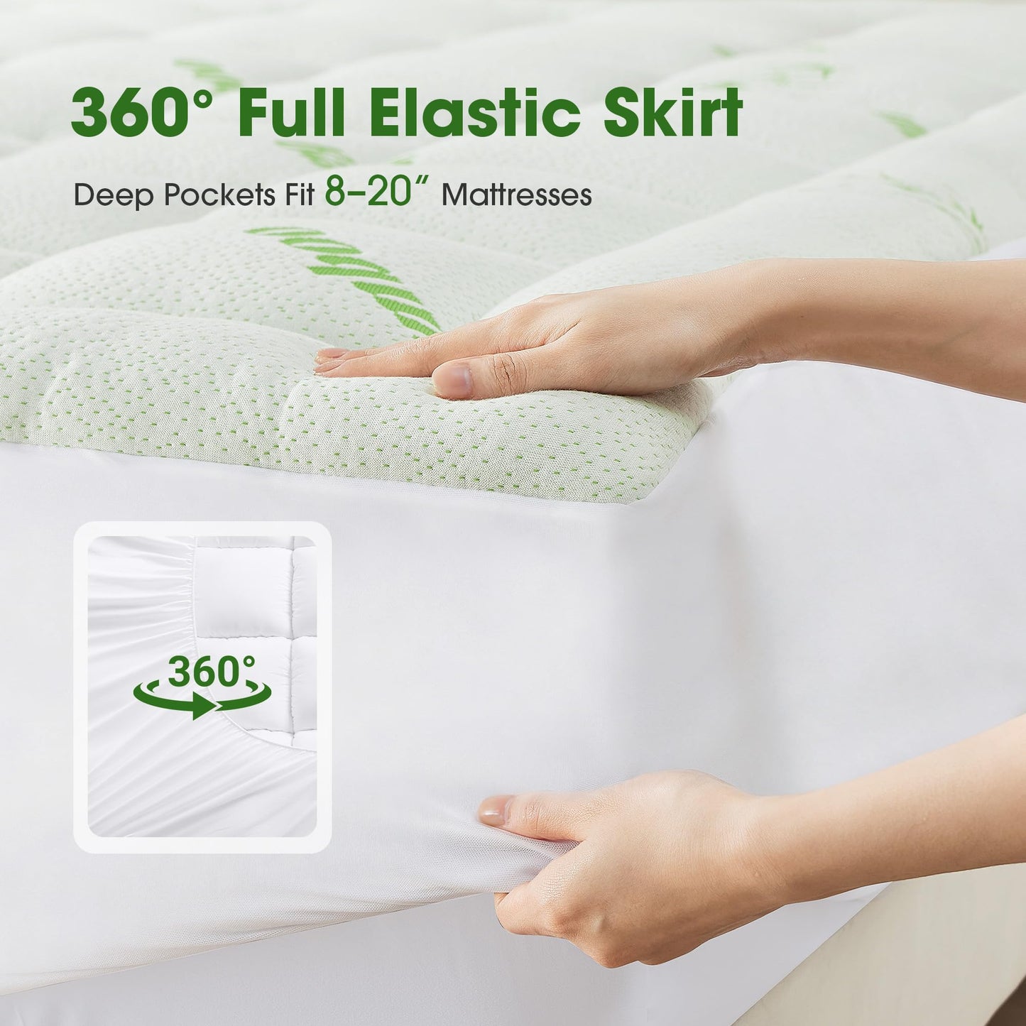 Mattress Pad Queen Size, Cooling Pillow Top Mattress Topper, Ultra Soft Viscose Made from Bamboo, Breathable for Hot Sleepers, Deep Pocket 8"-20", Green