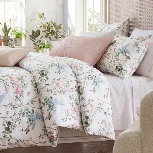 Bedorm Floral Duvet Cover King Size - 3 Pieces Soft & Breathable 100% Cotton Duvet Cover Set with Zipper Closure, Pink Floral Green Botanical Print Cottage Core Bedding Set for Everyday Use