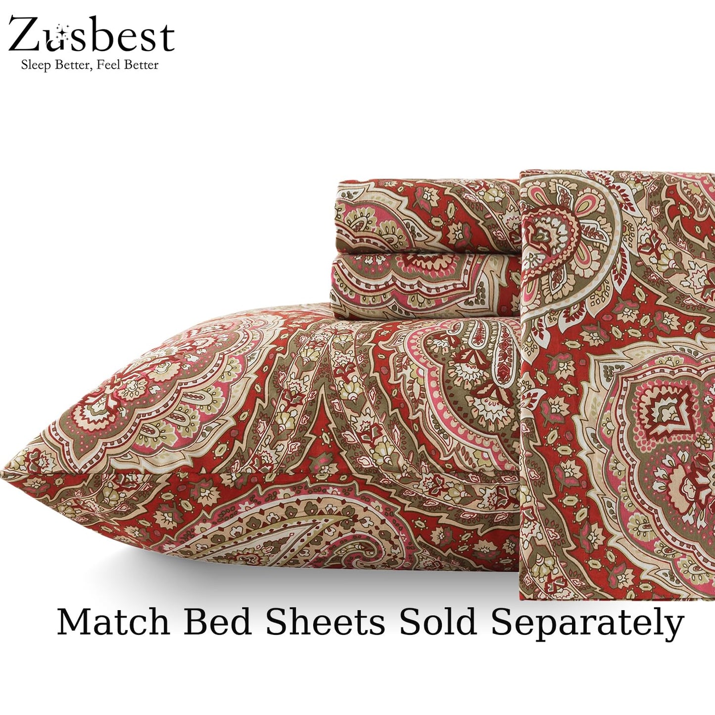Zusbest Burgundy Duvet Cover Set Queen Size 100% Percale Cotton Red Beige Paisley Comforter Cover Toile Printed Bedding Luxury Crisp Soft Reversible Floral Bedding 3Pcs, Queen