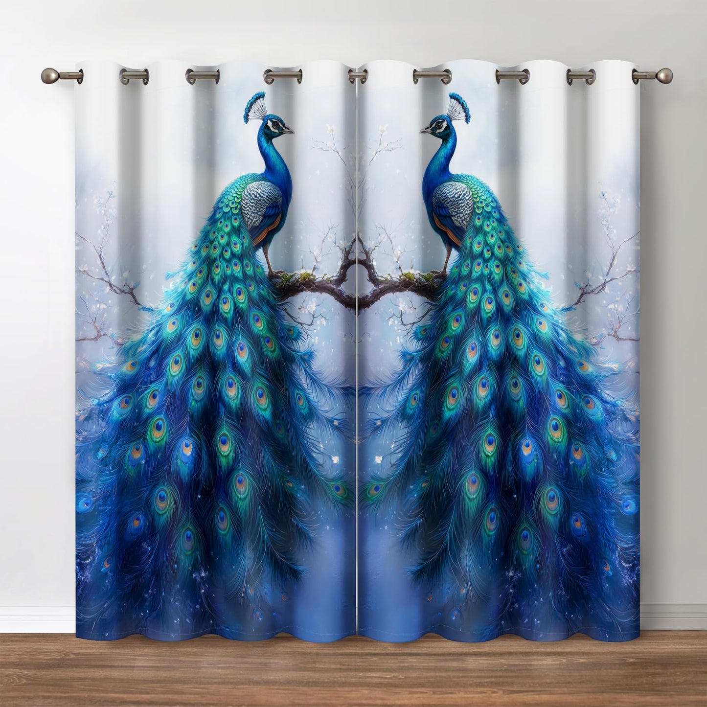 Jekeno Peacock Blackout Curtain Blue Bird Artistic Tree Branch Print Grommet Top Window Drapes for Bedroom Living Room Decor Luxury Animal Theme 2 Panels(52x84 Inch)