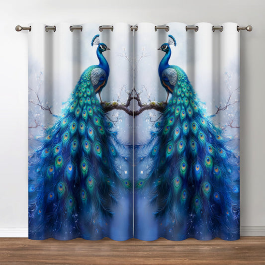 Jekeno Peacock Blackout Curtain Blue Bird Artistic Tree Branch Print Grommet Top Window Drapes for Bedroom Living Room Decor Luxury Animal Theme 2 Panels(52x84 Inch)