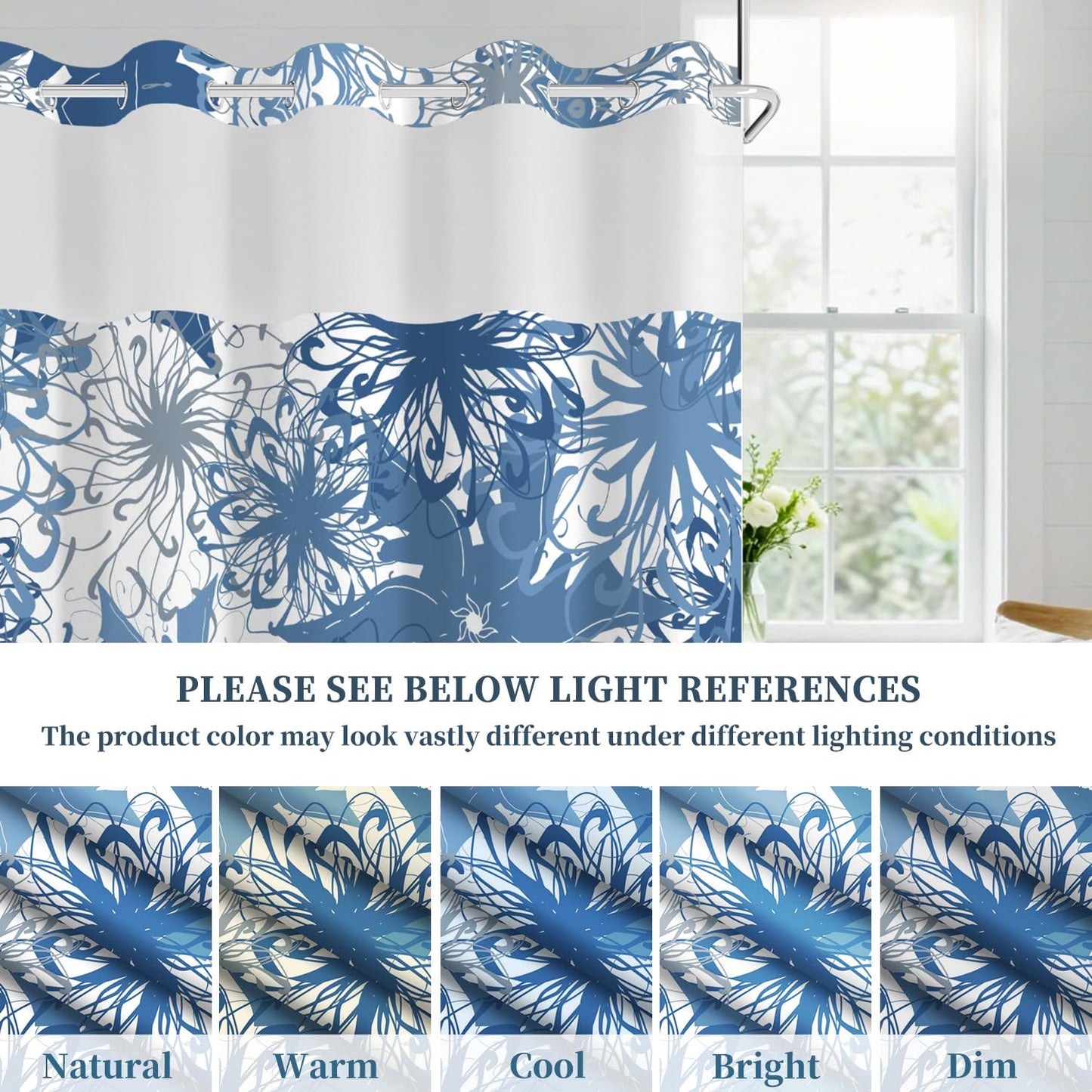 No Hook Shower Curtain with Snap in Liner Set, Boho Modern Blue Abstract Floral Pattern Decorative Waterproof Fabric Shower Curtain for College Dorm Hotel Apartment Bathroom Bathtub, 71x74 Inch