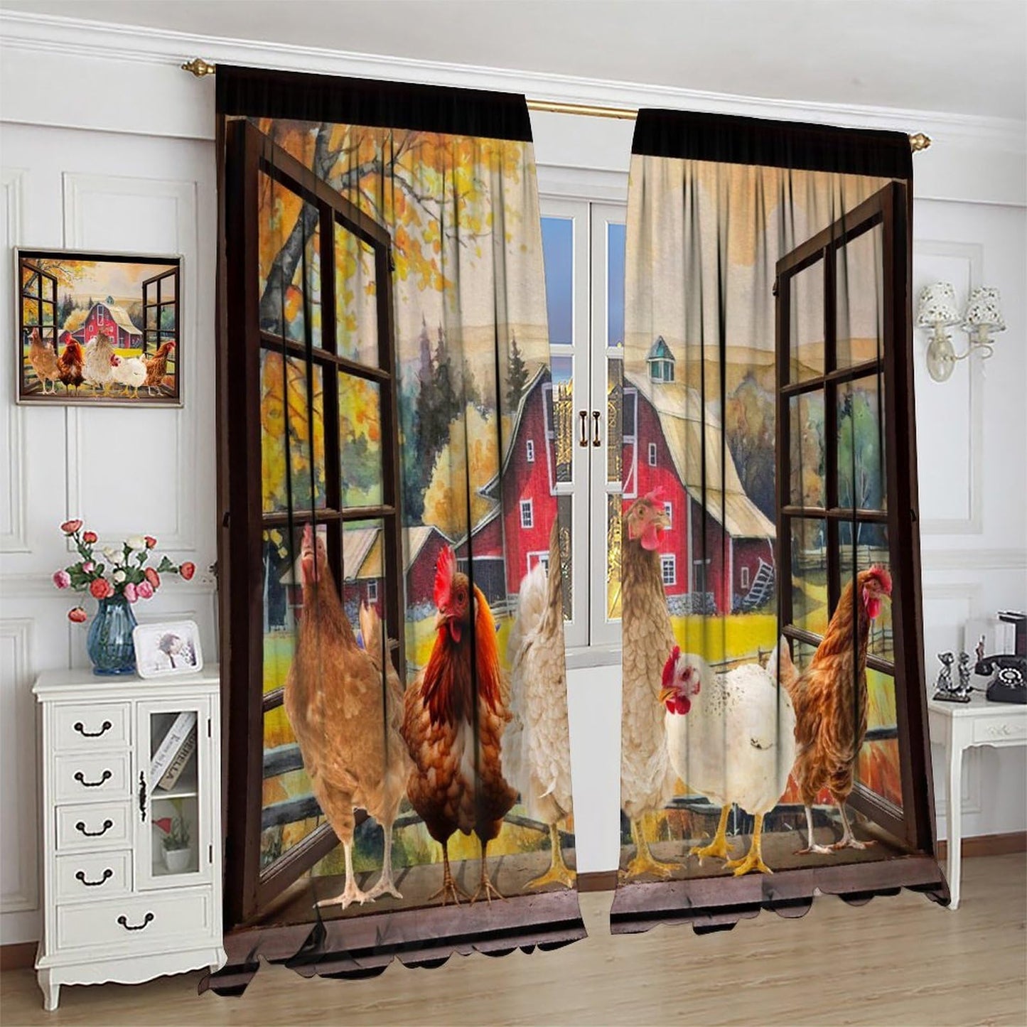 YCness Rooster Kitchen Window Curtains, Farmhouse Country Farm Animal Rustic Chicken Pattern Printed Blackout Small Short Window Drapery Treatments for Living Room Dining Room 2 Panels, 42x45 Inch
