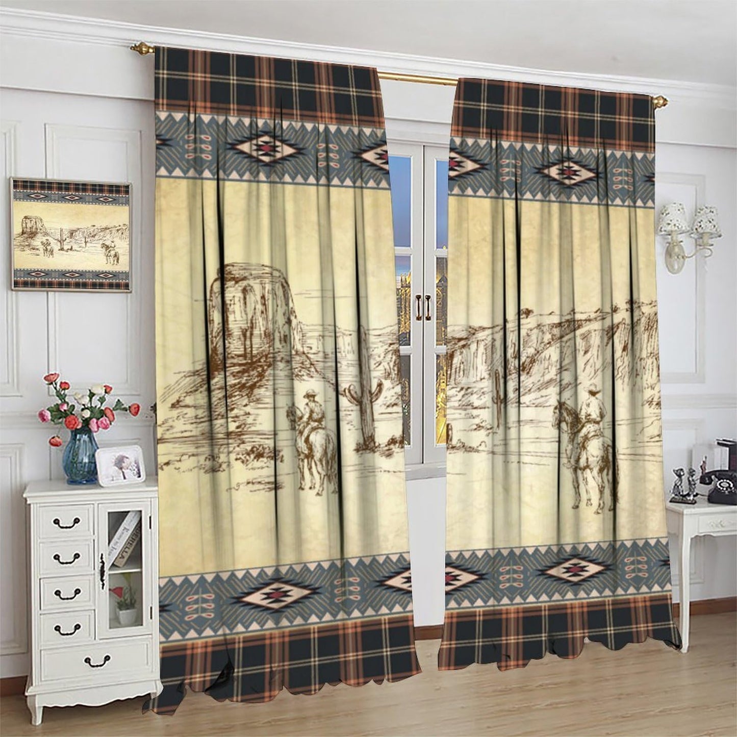 DDCBNS Western Cowboy Curtains,Aztec Rustic Country Style Print Window Treatments for Bedroom Living Room Kitchen Café Office,Retro Farmhouse Home Décor Drapes 2 Panel Sets Total Size 42" x 45"