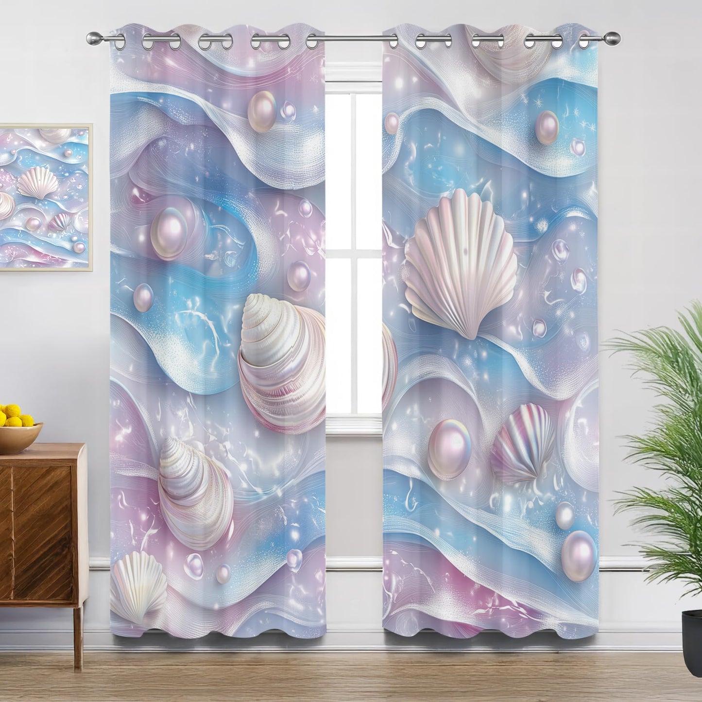 Nautical Blackout Curtains for Bedroom Living Room, Seashell Pastel Ocean Beach Coastal Patterned Window Treatments, Room Darkening Thermal Insulated Grommet Drapes, 45 Inch Curtains 2 Panel Set