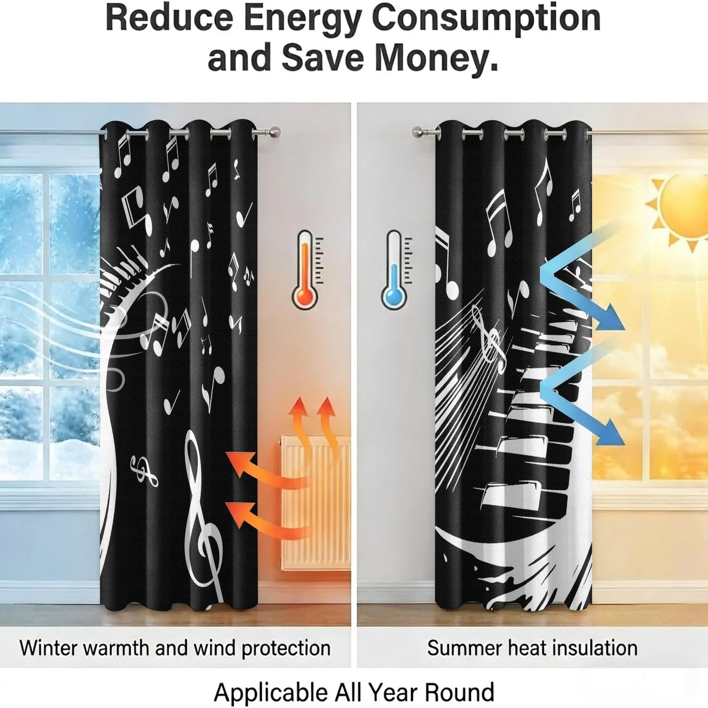 MBVZGUK Black and White Piano Keys Room Darkening Curtains, 84 Inch Long 2 Panels, Music Note Treble Clef Print Thermal Insulated Window Drapes, Light Blocking Curtain for Piano Themed Home Decor
