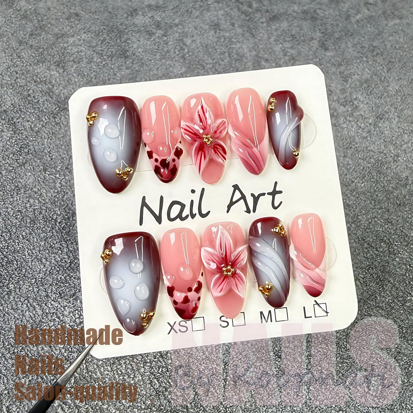 Handmade Press On Nails Almond Pink Homemade Press On Nails French Tip With 3D Design Fake Nail Art For Women M