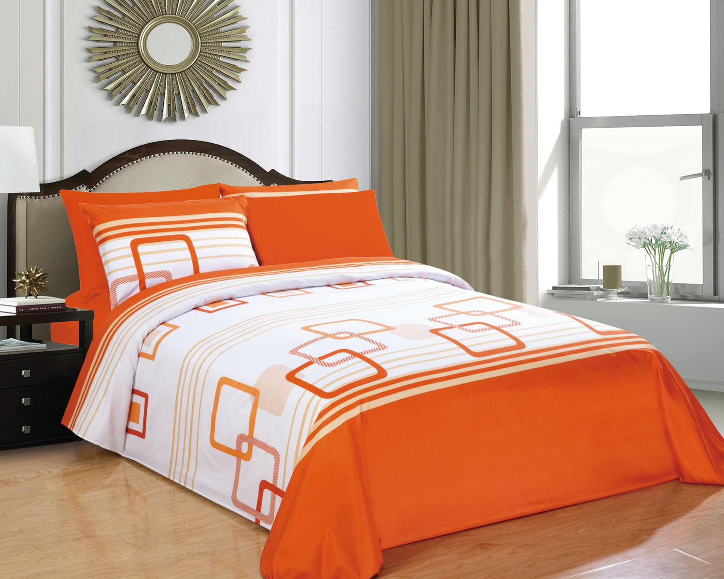 6Pcs Bed Sheet Set Queen Size, Orange White Geometric Soft Microfiber Bedding Sets with 1 Square Rectangle Patterned Sheet 1 Deep Pocket Fitted Sheet and 4 Pillowcases
