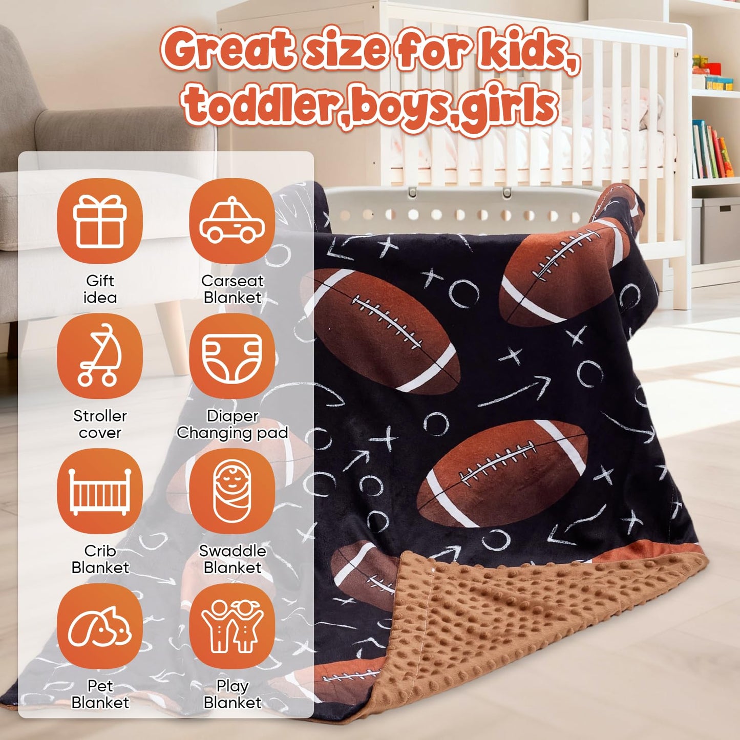 Baby Blanket for Boys Girls Super Soft Double Layer Minky with Dotted Backing Cute Cow Crib Receiving Blanket Bed Throws for Newborns Nursery Stroller Toddler 30 x 40 Inch (Football)
