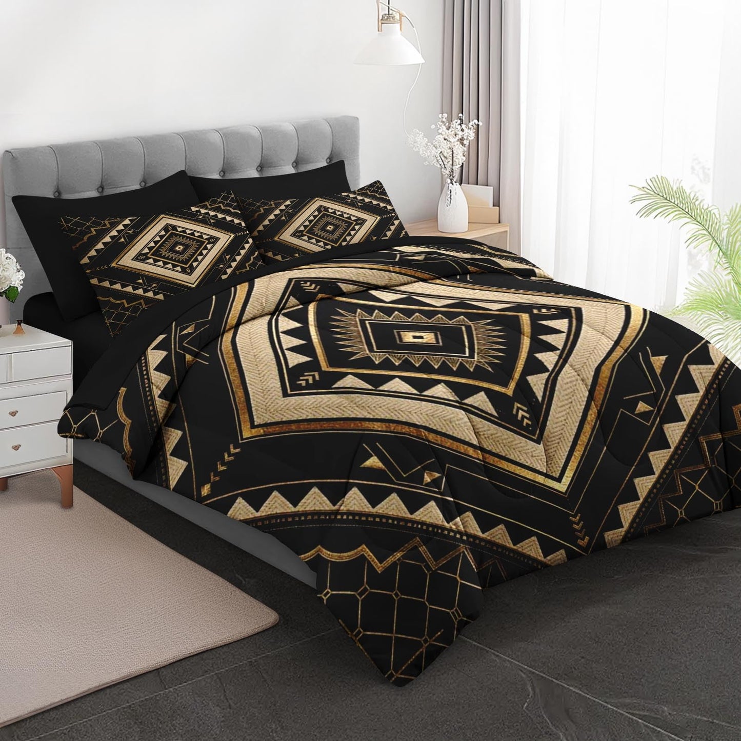 Boewywh Comforter Set Twin Size Aztec Geometric Gold 7 Pcs, Bedding for Kids and Adults, Southwestern Black Bed Sheet Sets with Fitted Sheet 2 Pillowcases & 2 Shams for Bedroom Bed Decor