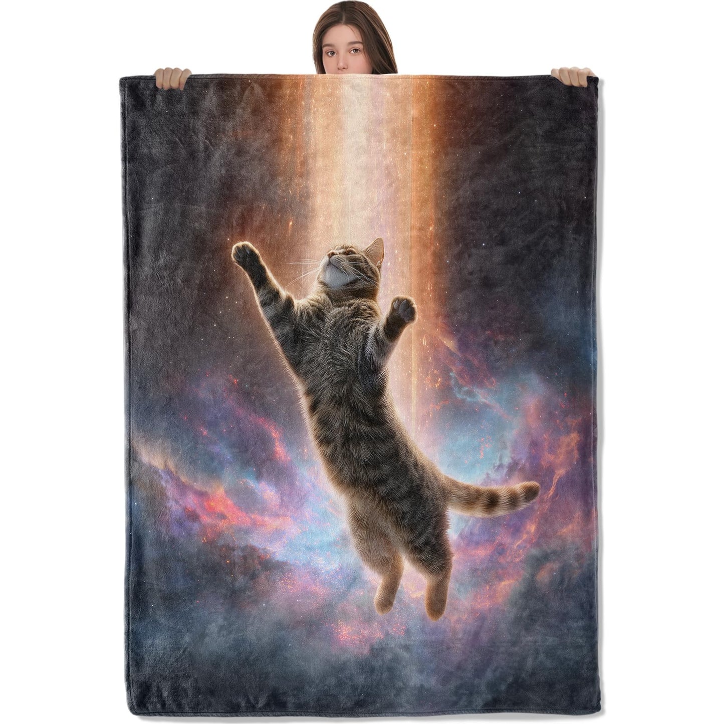 AHUCIZ Cat Blanket, Lightweight All Seasons Warm Throw, 50x60 Inch Whimsical Fantasy Flannel Blankets, Cosmic Cloud and Jumping Kitten Print Home Decor Accent and Gifts for Sofa, Bedding
