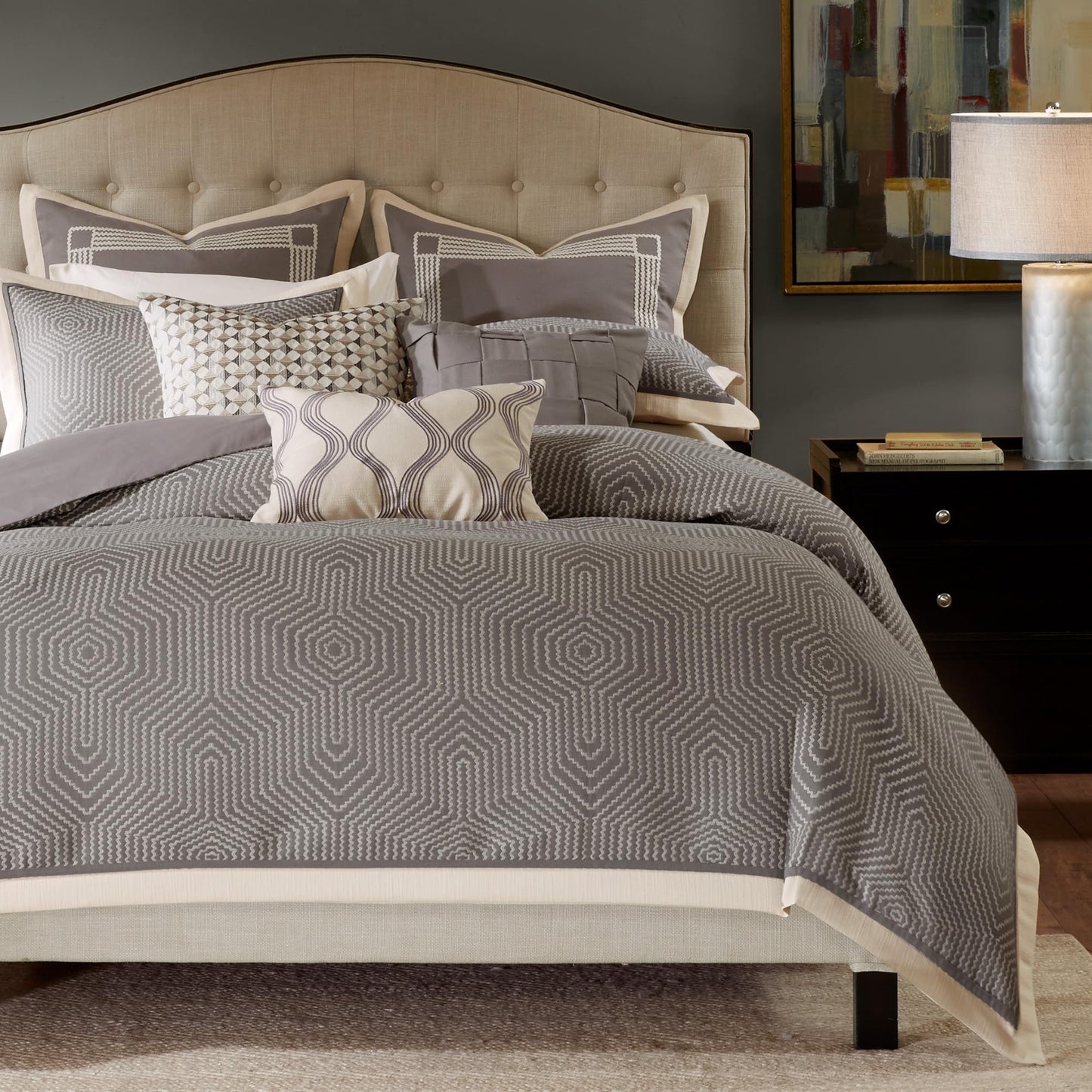 Madison Park Signature Cozy Comforter Set - All Season Bedding Combo Filled Insert and Removable Duvet Cover, Shams, Decorative Pillows, Queen (92 in x 96 in), Geometric Grey 9 Piece