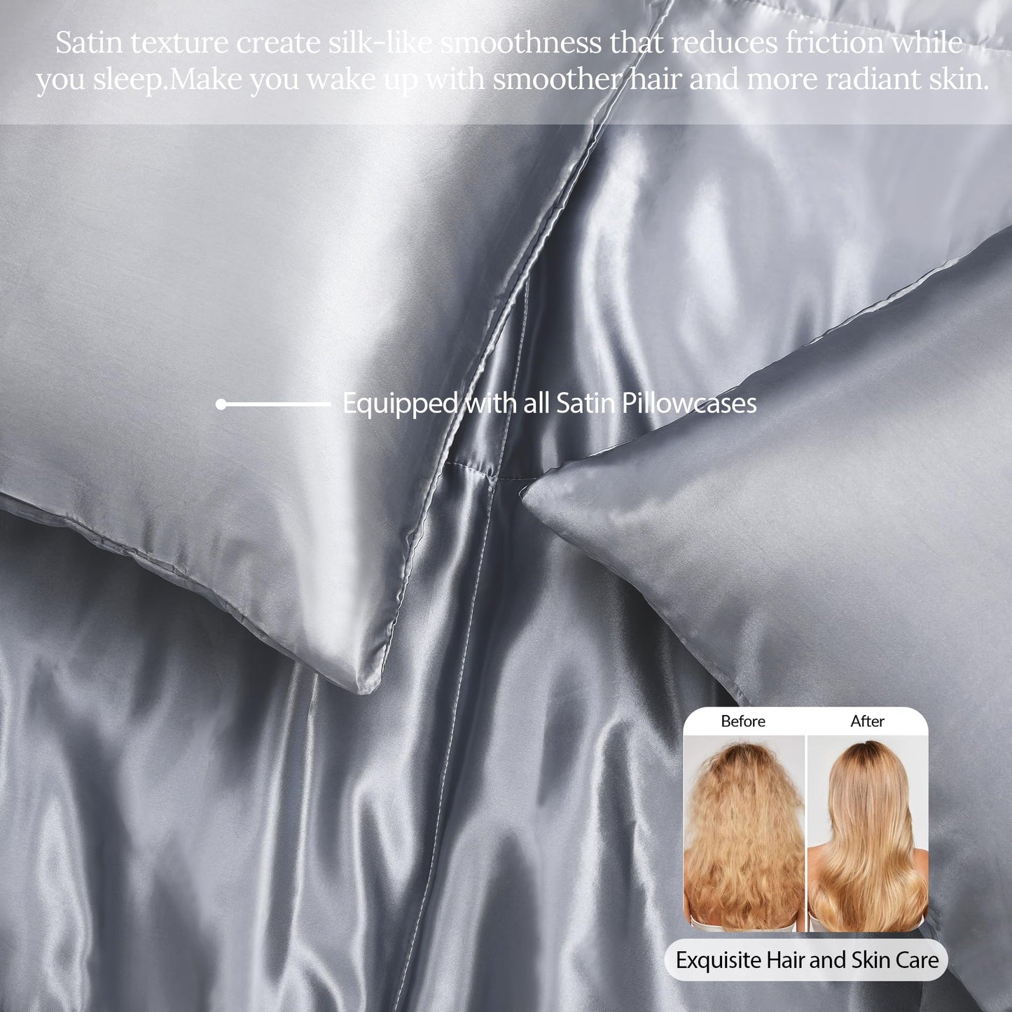 Whale Flotilla 3-Piece Reversible Silky Soft Queen Comforter Bedding Set, Luxurious Satin Comforters Full Size with 2 Satin Pillowcases, Lightweight Duvet for All Seasons, Grey