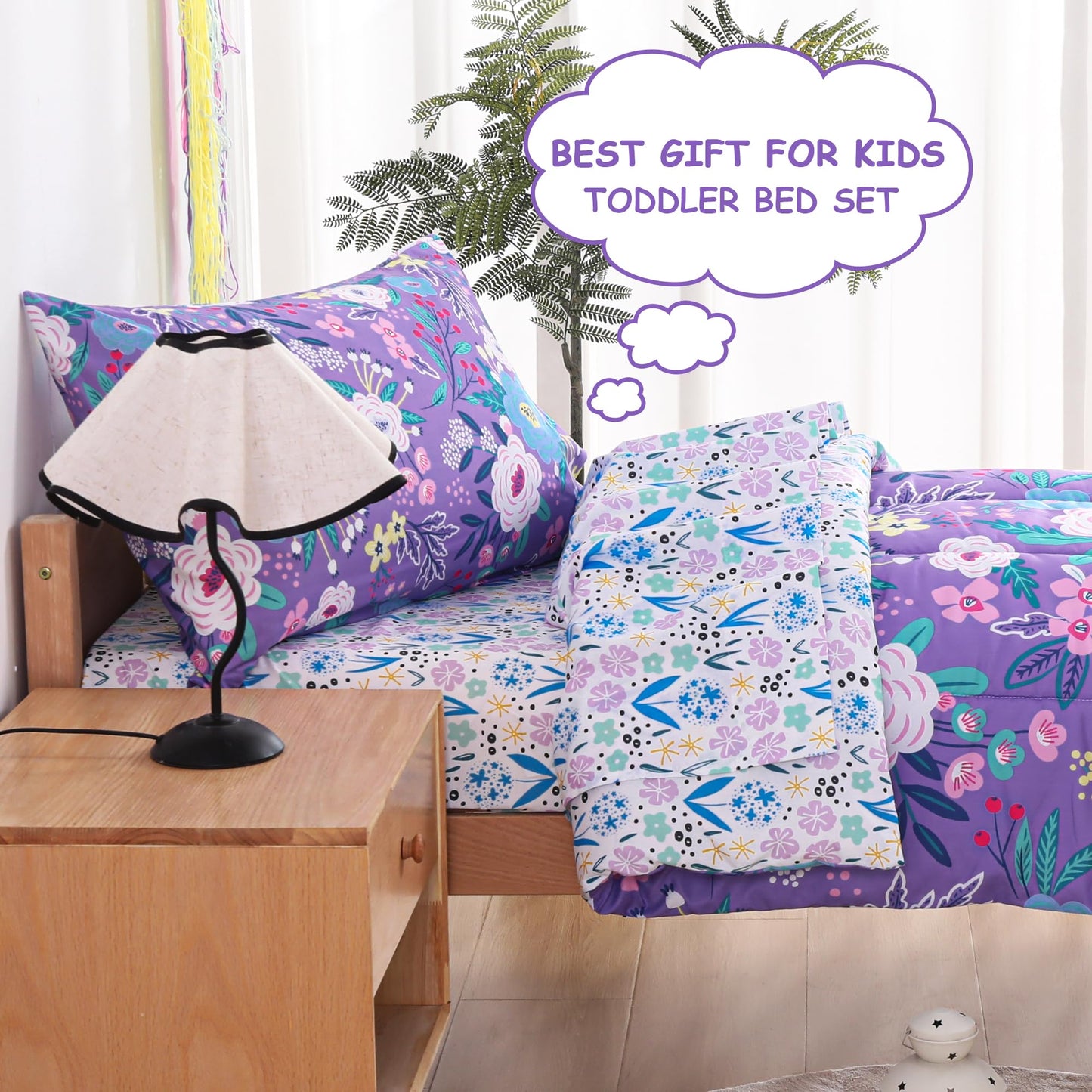 Mooreeke 4 Pieces Toddler Bedding Set - Purple Floral Toddler Comforter Sets for Girls, Includes Comforter, Flat Sheet, Fitted Sheet and Pillowcase, Bed in A Bag for Baby Bedroom
