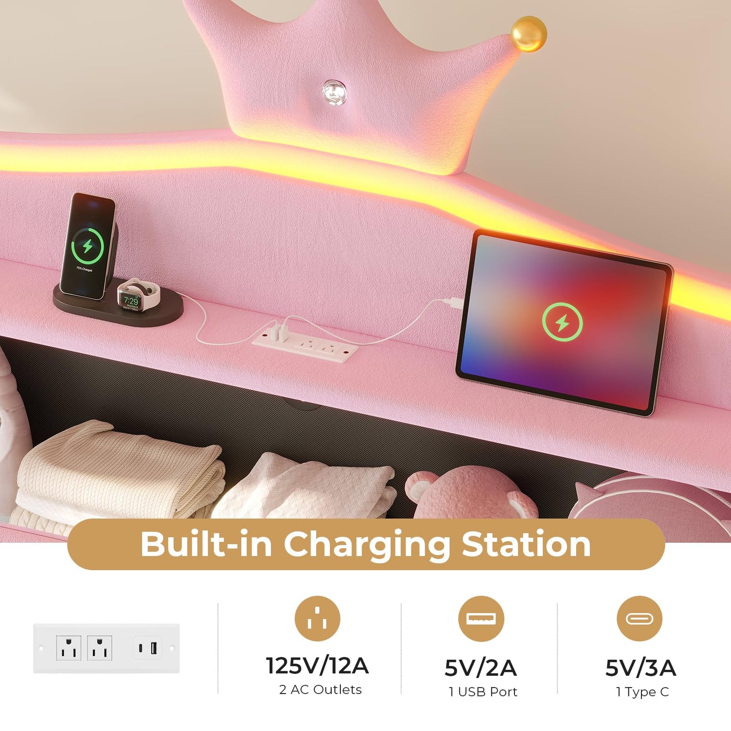 MSmask Twin Bed Frame with LED Lights, Princess Upholstered Bed with Headboard with Charging Station & Crystal Button & Crown, Velvet Platform Bed for Girls, Solid Wood Slats, Curved Legs, Pink