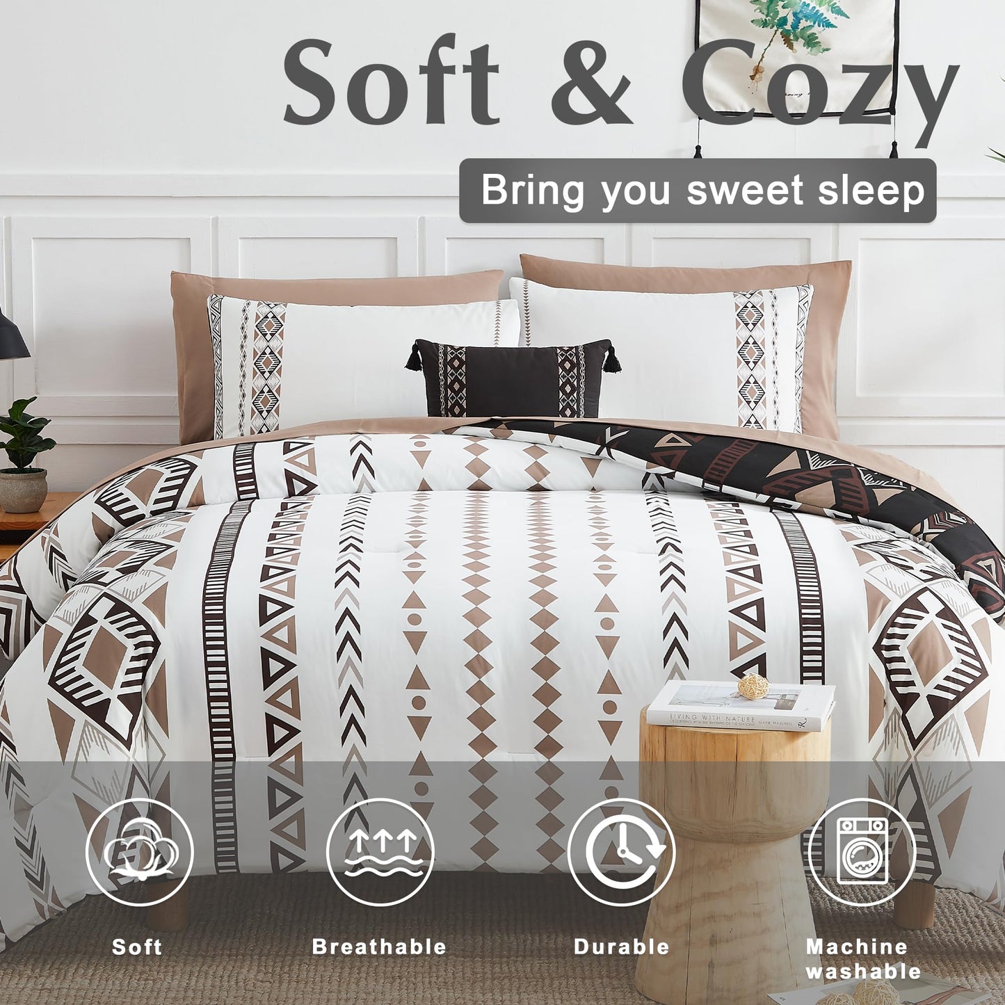 Geniospin King Size Comforter Set- 7 Pieces Boho Bed in a Bag, Western Bedding Set for All Seasons, Reversible Aztec Bedding, Lightweight Comforter Bed Set with Sheets, Pillowcases & Shams