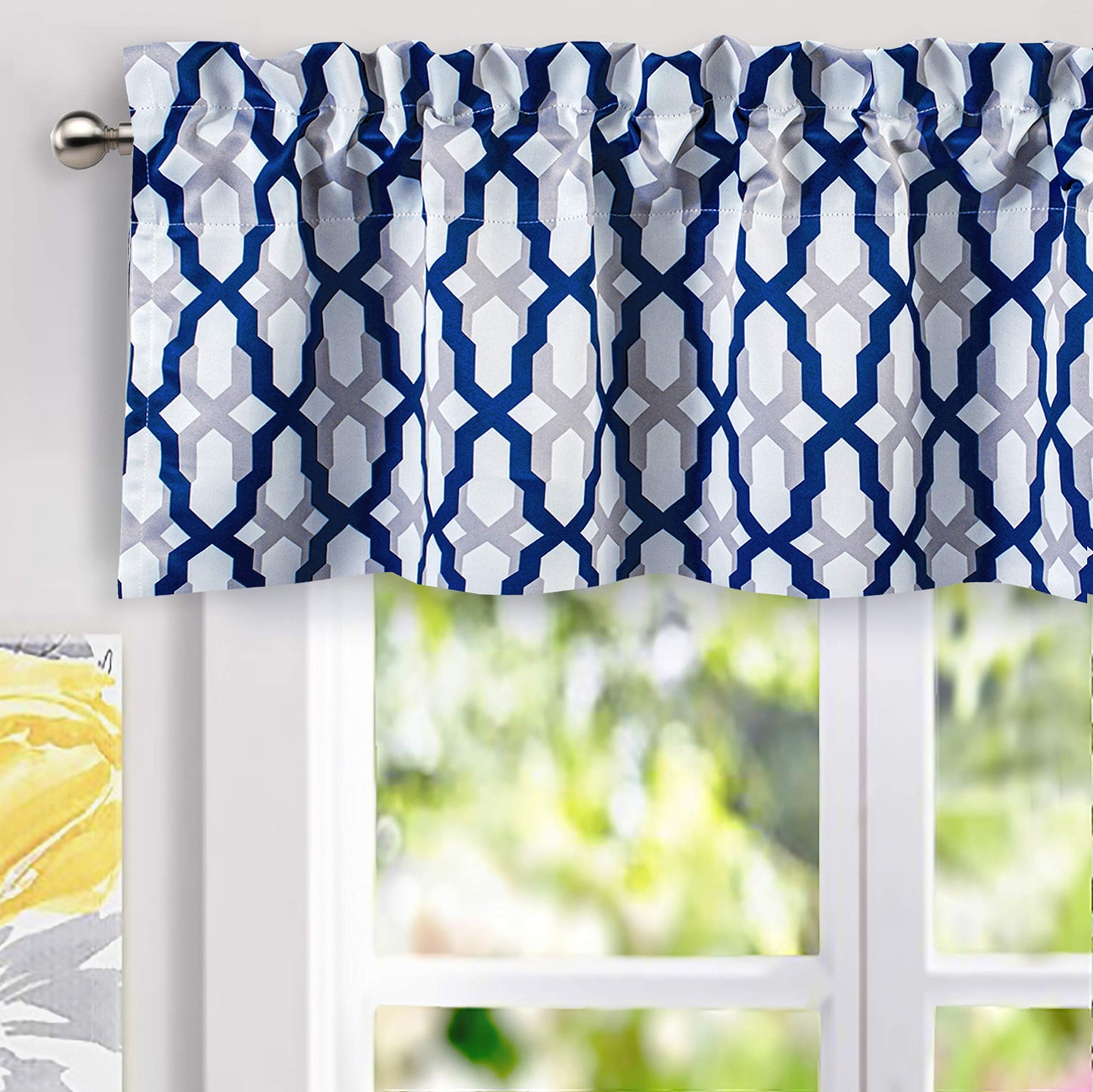 DriftAway Mason Blackout Valances for Windows Thermal Insulated Kitchen Topper Geometric Moroccan Mid Century Pattern Match Thick Bathroom Curtain Valance Rod Pocket 52 Inch by 14 Inch Navy