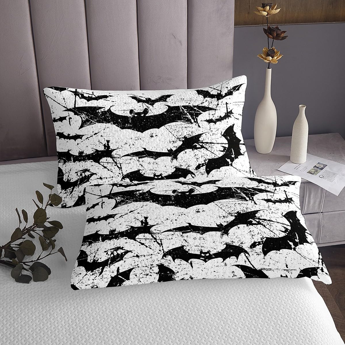 Castle Fairy Black Bat Bedspread Queen Size,Happy Halloween Bedding Set 3Pcs for Kids Boys Girls Teens Room Decor,Graffiti Black White Comforter Set Gothic Style Quilt Coverlet,2 Pillowcases