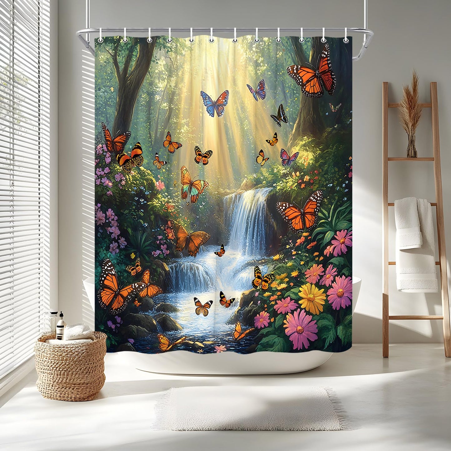 Forest Waterfall Shower Curtain Butterfly Spring Jungle Rainforest Wonderland Fantasy Tropical Fairy Tale World Flower Romantic Nature Bathroom Curtains Set Polyester Fabric with Hooks 70" W x 70" L