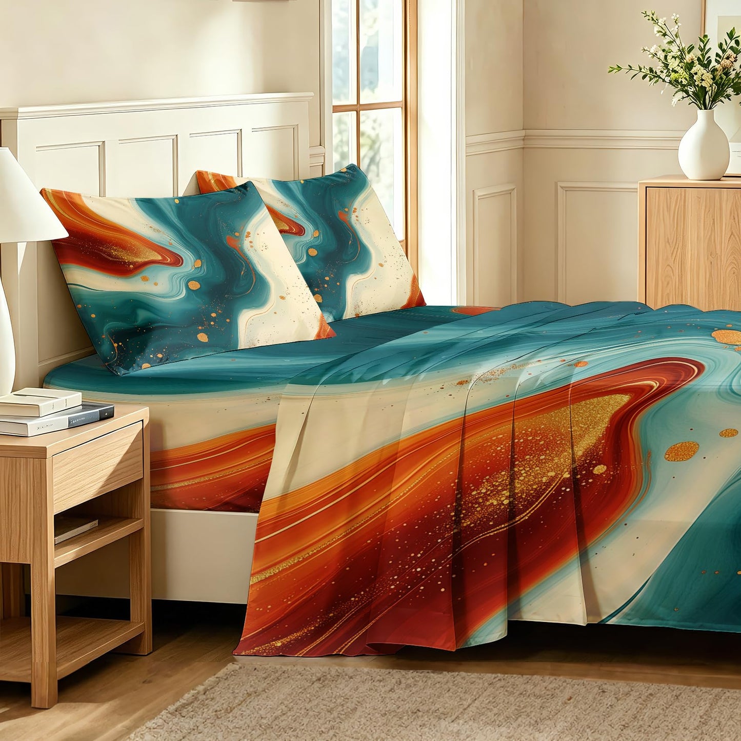 Modern Abstract Bedding Set 4 Pcs Marble Full Sheets, Orange Teal
