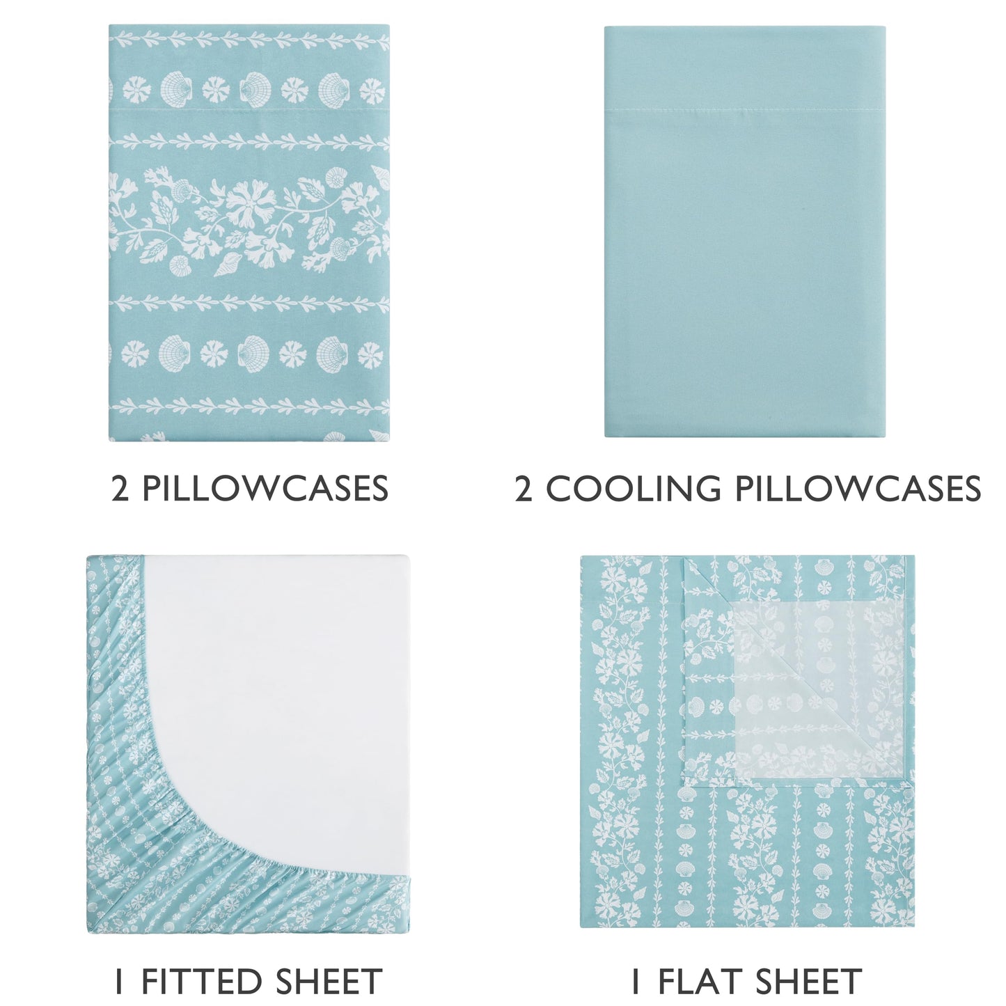 Caribbean Joe 6-Piece Sheet Set with Cooling Pillowcases, 12-inch Deep Pockets, Tropical Beach Coastal Design, Queen, Coastal Stripe Light Blue