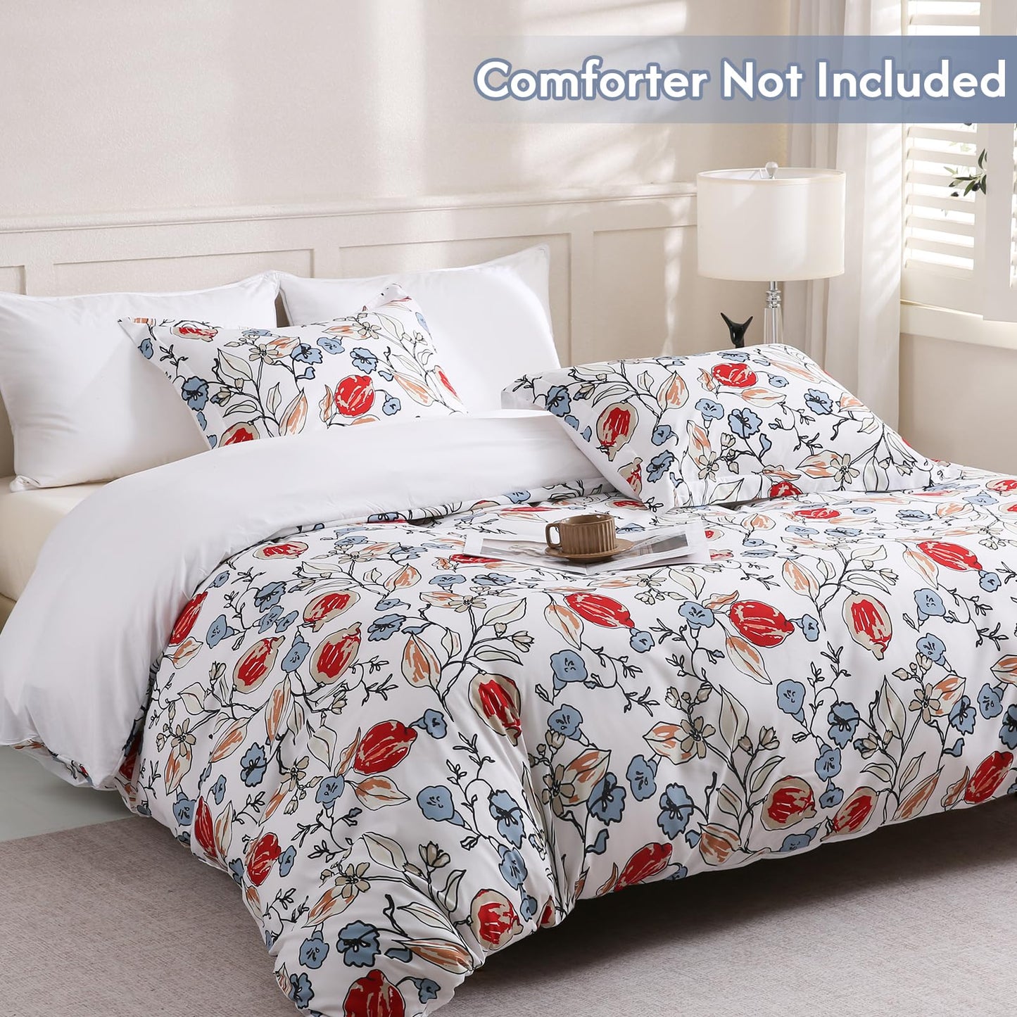 LONAVA Queen Flower 3 Pcs Duvet Cover Set, Breathable Soft Microfiber White Lining Comforter Cover with Zipper Closure, and 2 Anti-Pilling, Fade Resistant Pillowcases, Red Bud