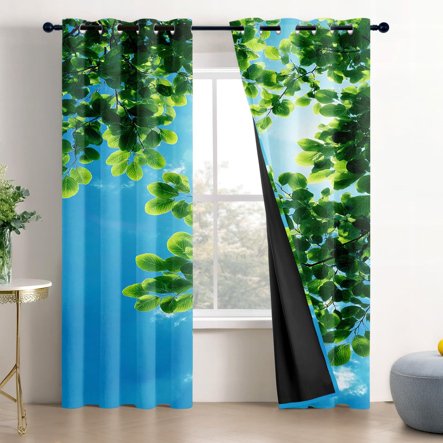 Solvivae Tree Black Out Curtains 63 Inch Long, Blue Sky Green Tree Nature Landscape Curtains for Bedroom Living Room, Room Darkening Thermal Insulated Grommet Drapes, Patterned Window Treatments