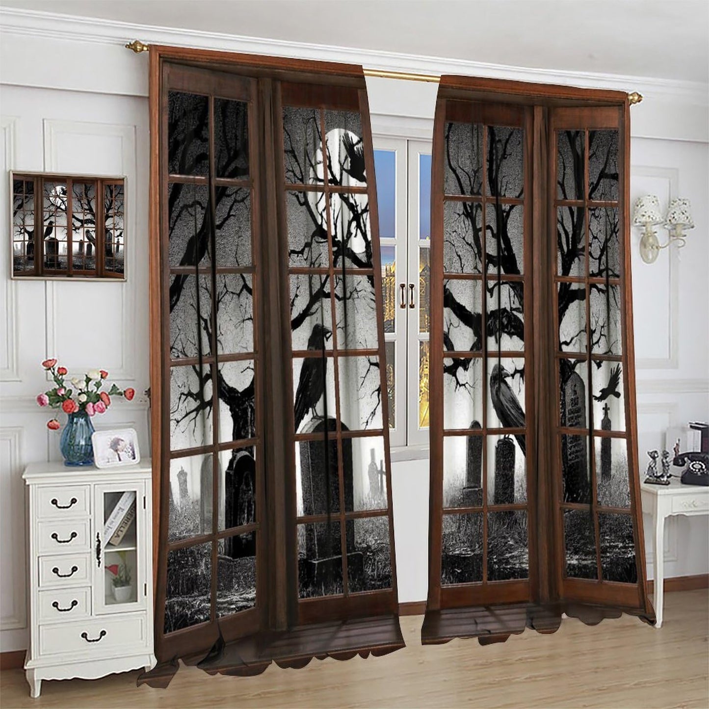 JanJCurt Misty Cemetery Curtains, Halloween Spooky Scary Forest Scenery Gothic Black Crow 3D Print Blackout Window Treatments for Kids Boys Bedroom Livingroom Holiday Decor, 42" W X 45" L