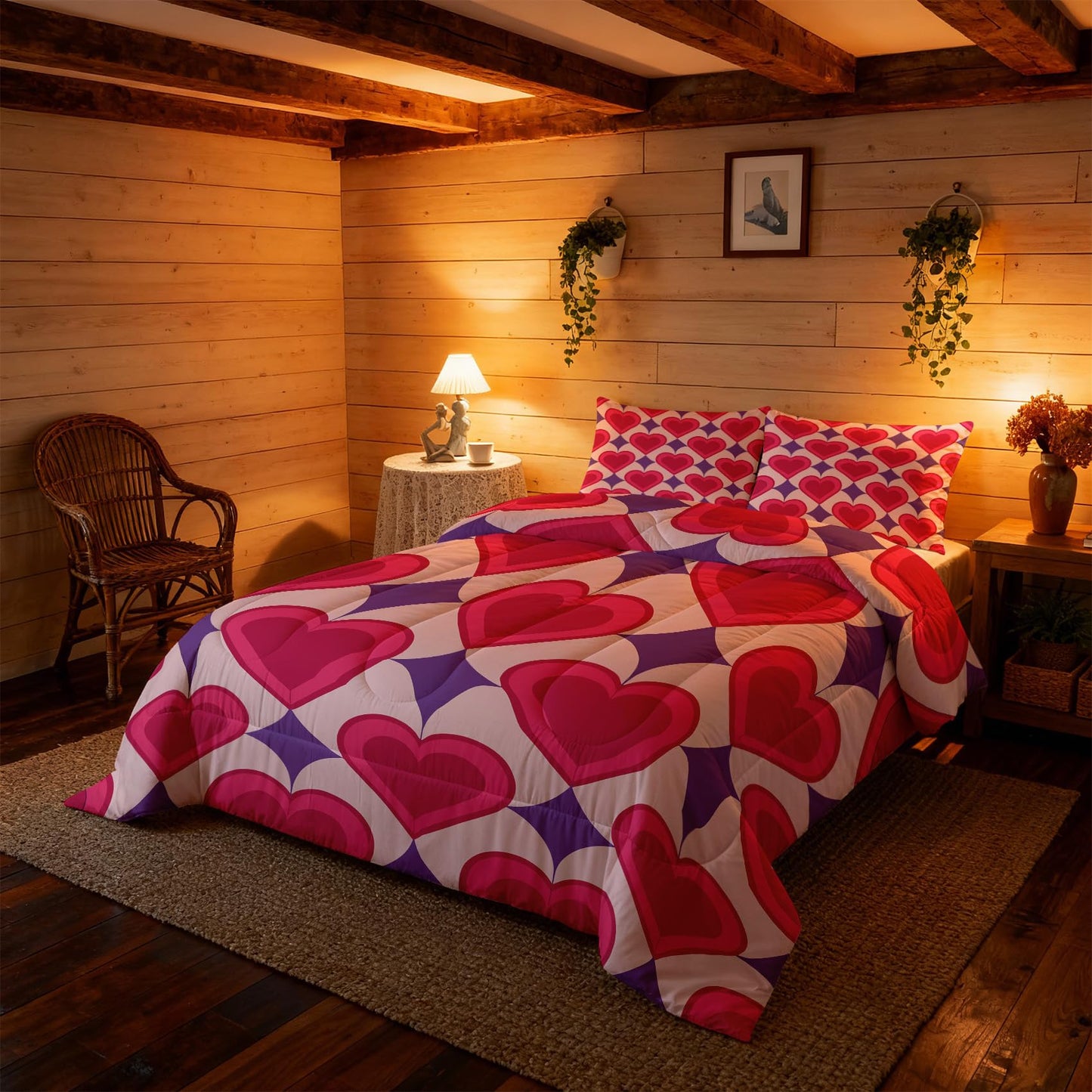 TANCAPRIUM Retro Heart Comforter Set Twin - 70s Bedding Set & 2 Pilow Cases for All Season - Soft Reversible Down Alternative 3 Piece. Retro Bedrom Decor