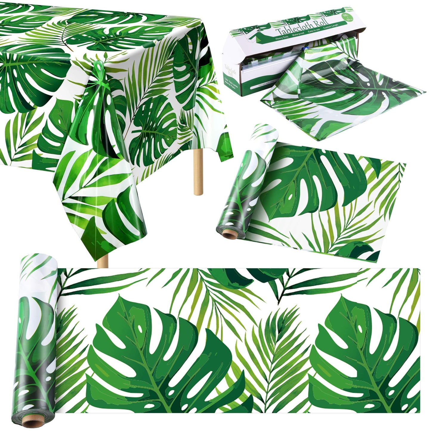 Kochorie 100 Ft x 54 Inch Palm Leaves Tablecloth Roll with Cutting Box Hawaiian Luau Tablecloths Disposable Aloha Tropical Table Cover Backdrop for Hawaii Birthday Summer Beach Tropical Party Supplies