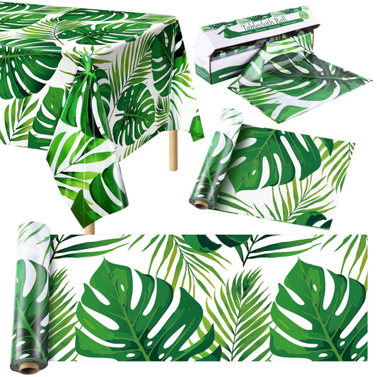 Kochorie 100 Ft x 54 Inch Palm Leaves Tablecloth Roll with Cutting Box Hawaiian Luau Tablecloths Disposable Aloha Tropical Table Cover Backdrop for Hawaii Birthday Summer Beach Tropical Party Supplies