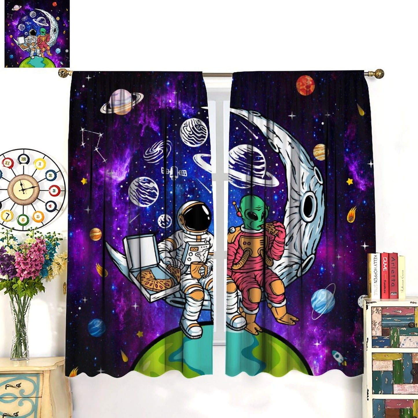 AAVEUP Universe Astronaut Blackout Curtains for Kids,Galaxy Space Planet Astronaut Alien Purple Outer Space Nebula Funny Meteor Earth Window Treatments for Boys Nursery Bedroom Living Room 63x72inch
