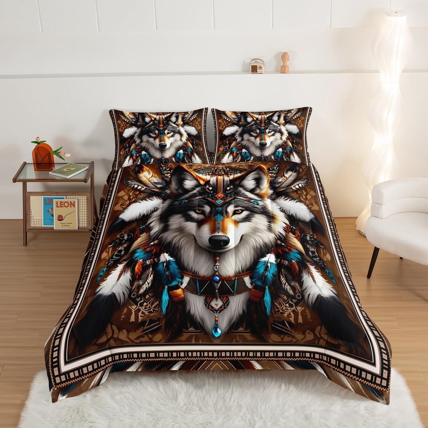 HOSIMA Wolf Twin Comforter Set,Tribe Decoration Print Animal Bedding for Teens Boys Room Decor,Lightweight Fluffy Dreamcatcher Feather Pattern Wolf Bedding Set for Kids with 2 Pillowcases.