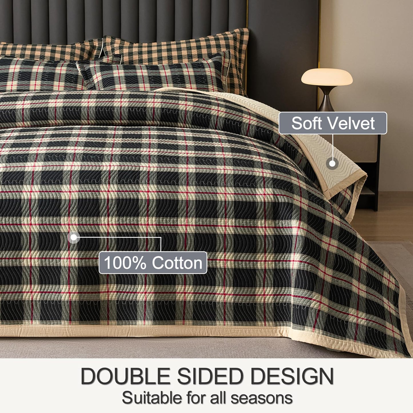 tohrisa Cotton Plaid Quilt Set, Ultra Soft 3 Pieces Queen Size Bedding with 2 Pillow Shams, Lightweight Reversible Coverlet Bedspread with Wave Quilting for Summer, 90"x96", Grid- Black Red