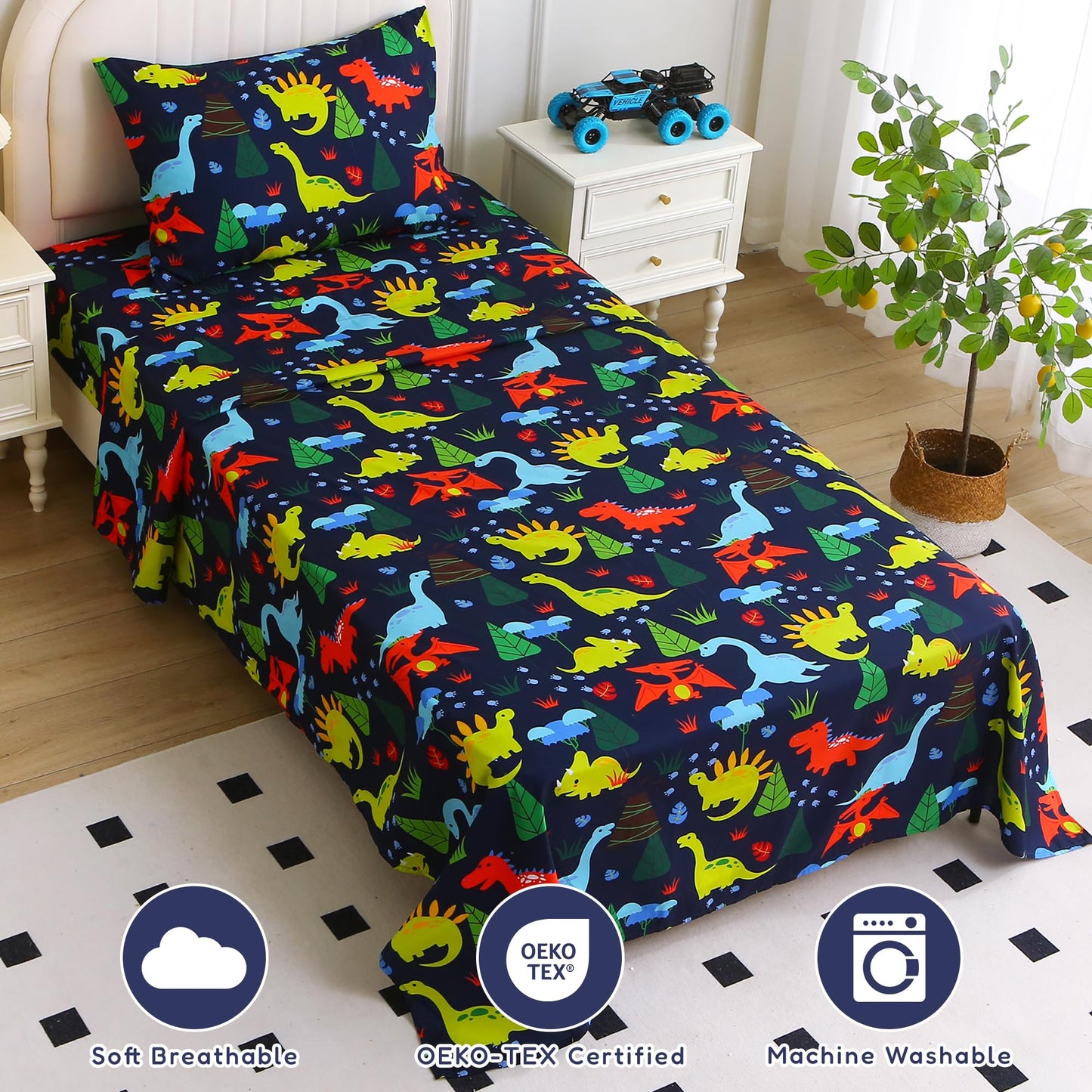 Softan Kids Twin Sheets Set, 3 Piece Dinosaur Bedding Set for Boys, Soft Breathable Microfiber with 15" Deep Pocket, Fitted Flat Sheet & Pillowcase