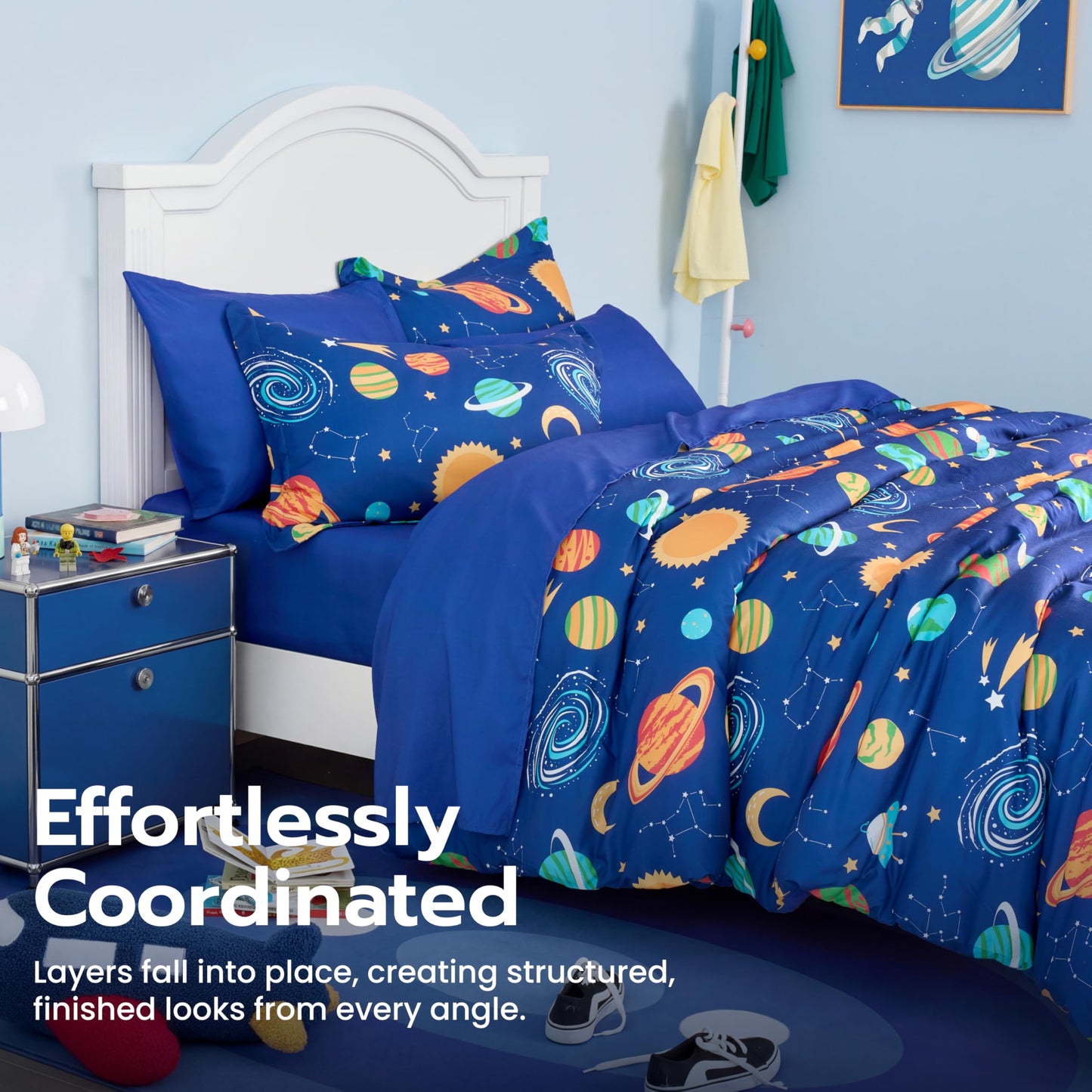 Joiedomi Kids Comforter Set Bedding Set for Boys Girls Super Soft Microfiber Bed in a Bag with Comforter Sheets Pillowcase Sham, Dark Blue Cosmic Space, Full