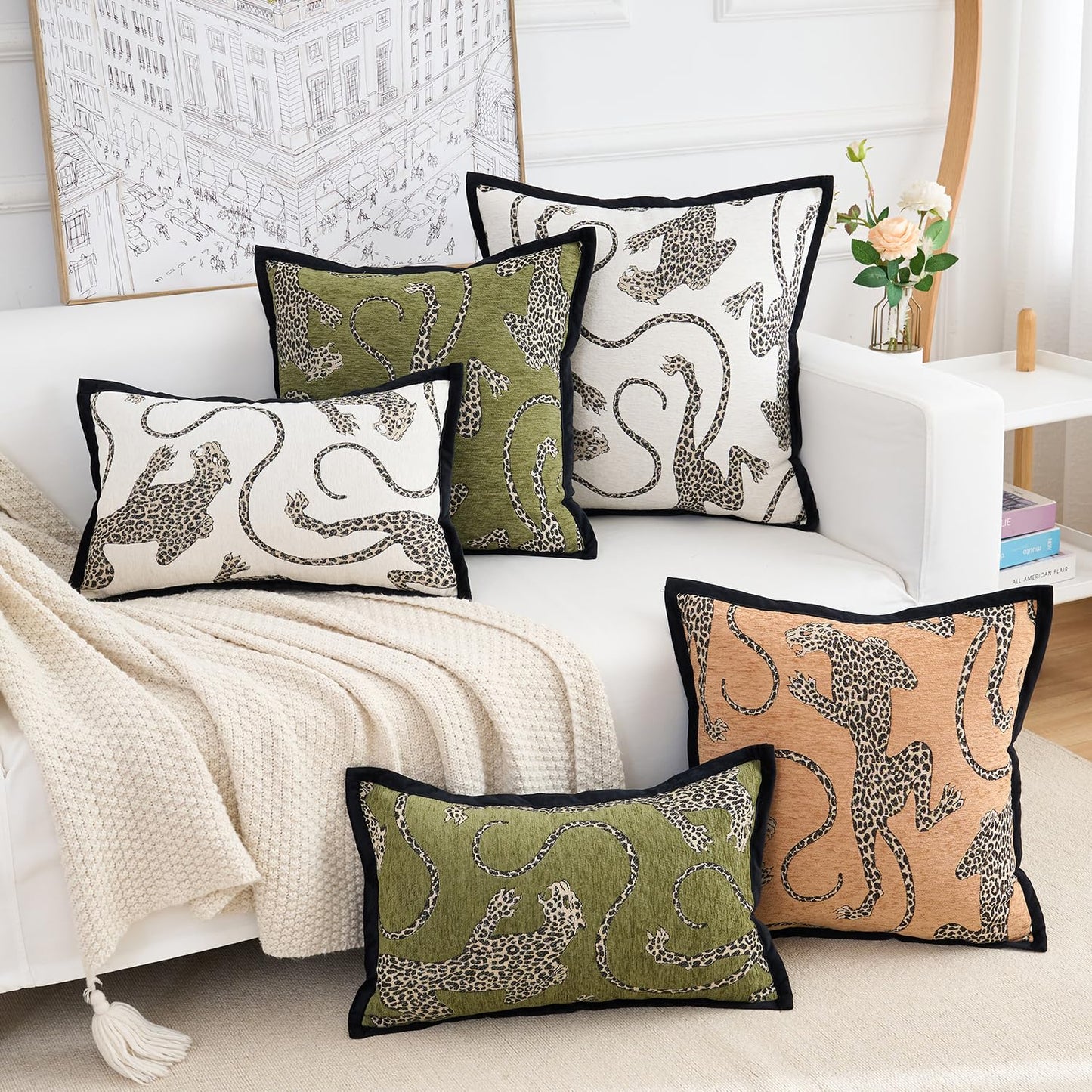 HERAYLI Premium Series, Snow Leopard Throw Pillow Covers, Animal Jacquard Cushion Cases for Home Decor, Chenille Velvet Double-Sided Designs, Dark Green, 18 x 18 inch, Covers Only