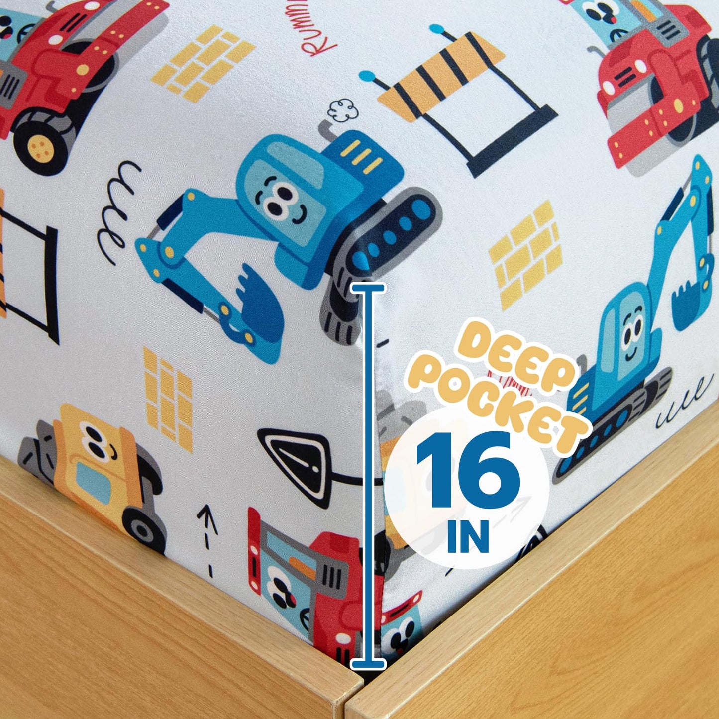 Homilay Full Sheet Set Kids - Cars 4 Pieces Soft Microfiber Cartoon Style Bedsheets for Boys Girls Teens, Oeko TEX Breathable 15 Inch Deep Pocket Sheets(Engineering Cars)