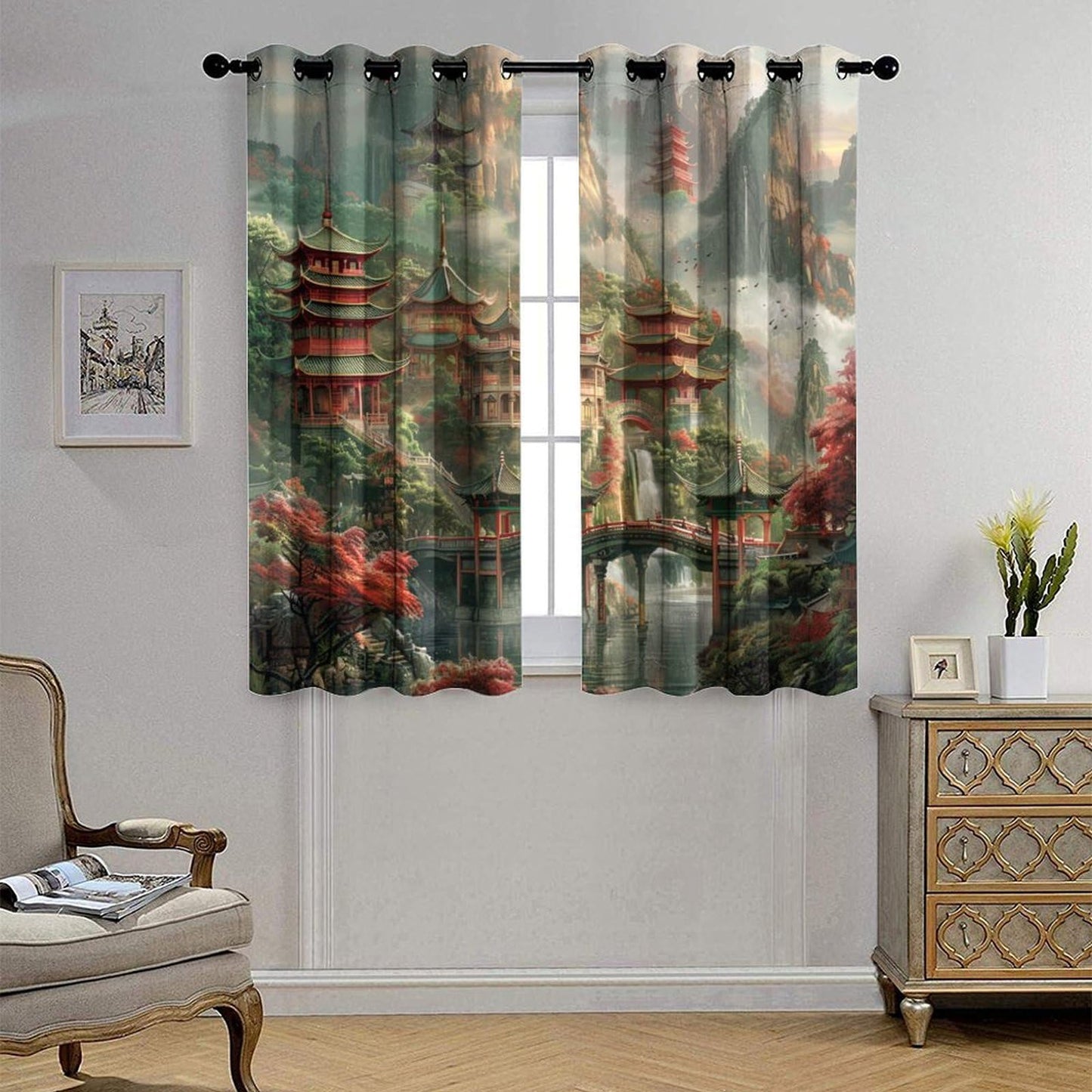 HDESDIS Fantasy Chinese Building Grommet Blackout Curtains for Bedroom, Mountain Waterfall Lake Forest Thermal Insulated Curtains Room Darkening Window Drapes, 21W x 45L, 2 Panels
