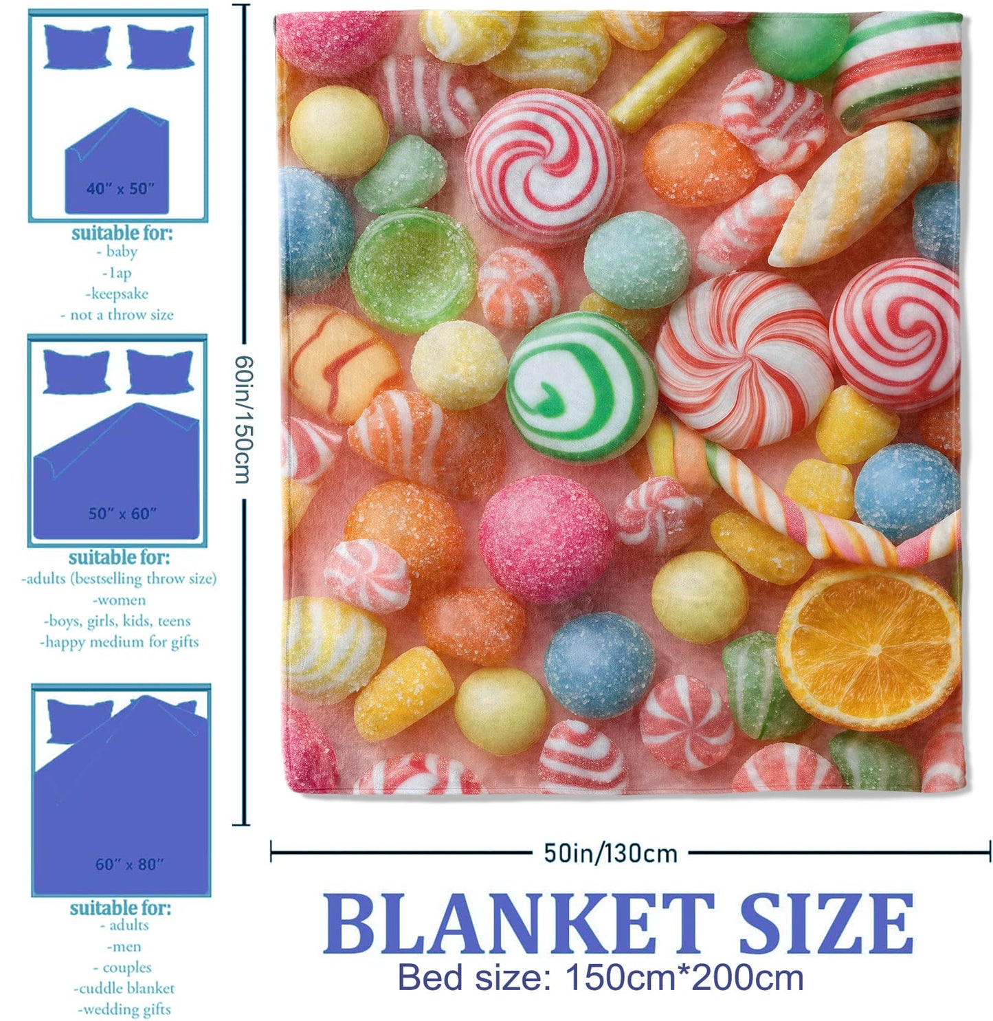 Plistiz Candy Theme Throw Blanket, 50x60, Soft Flannel, Multicolor