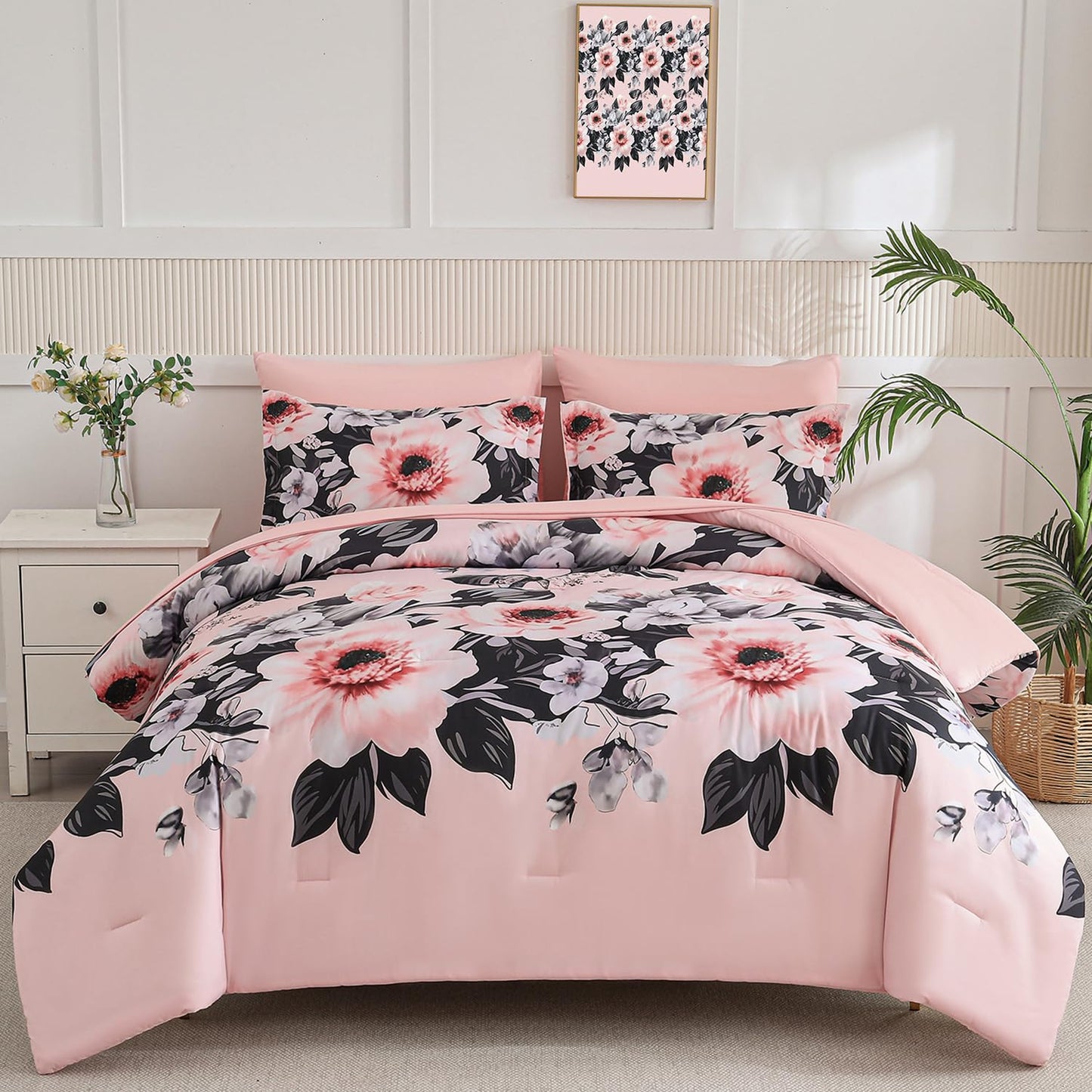 Yogeneg Queen Comforter Set 7 Piece Bed in a Bag,Pink Black Floral Botanical Pattern Blush Bedding Set,Soft Microfiber Comforter with Sheet Set,All Season Bed Set(Pink Black,Queen)