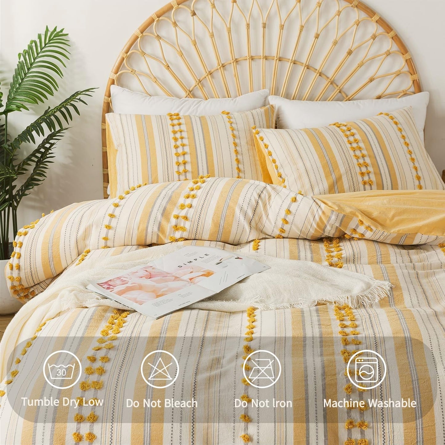 La Sheer Washed Cotton Queen Size Duvet Cover Set - Tufted Dots Boho Chic Bedding for All Seasons, Striped Pom Pom Bedding Linen Like Textured Breathable Durable Soft Comfy (Yellow, 90x90'')