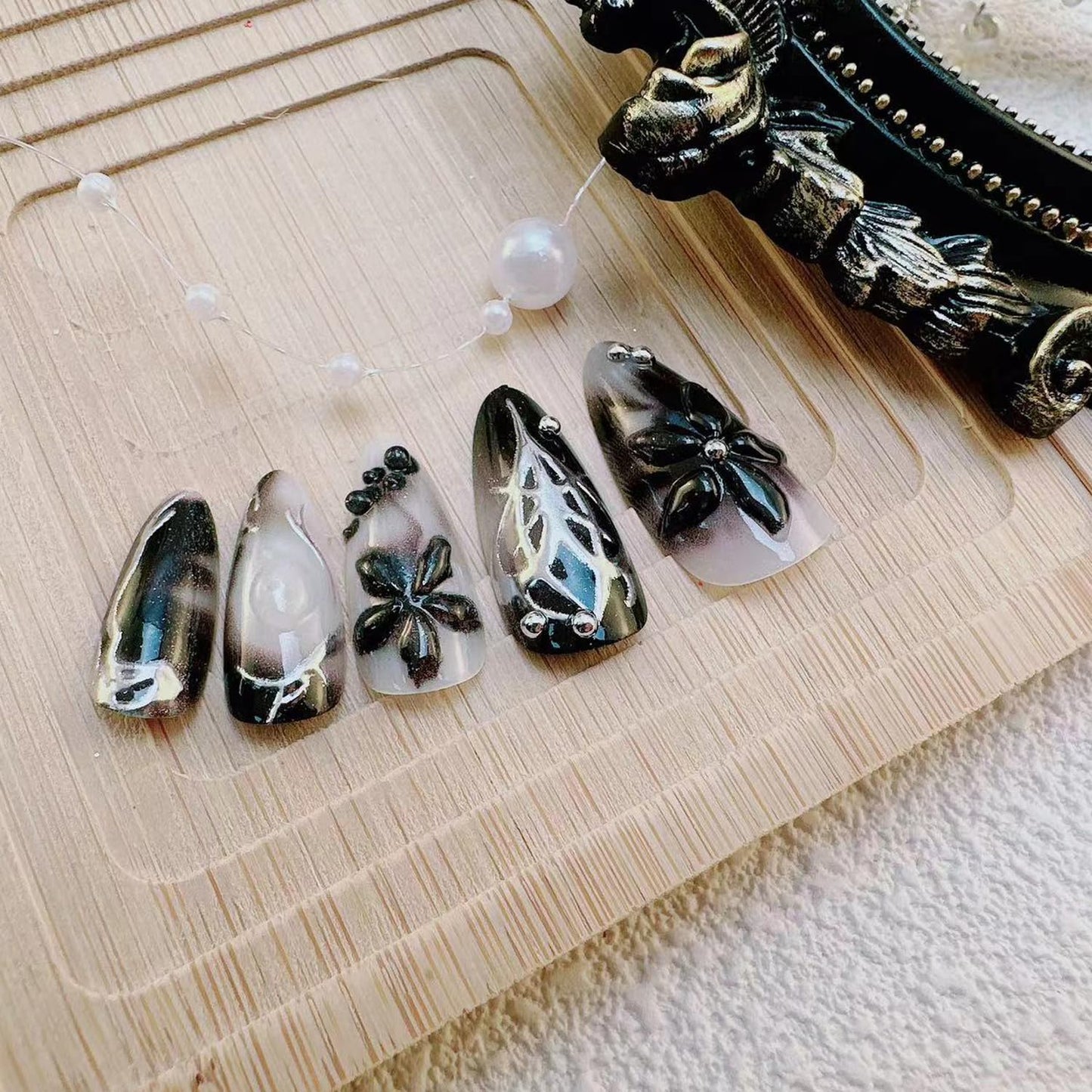KZBTRBT Gothic Press on Nails Medium Almond, Black Silver Fake Nails with 3D Butterfly & Flowers Designs Y2k False Nail Dark Reusable Handmade Artificial Nails for Women, Halloween Punk Party