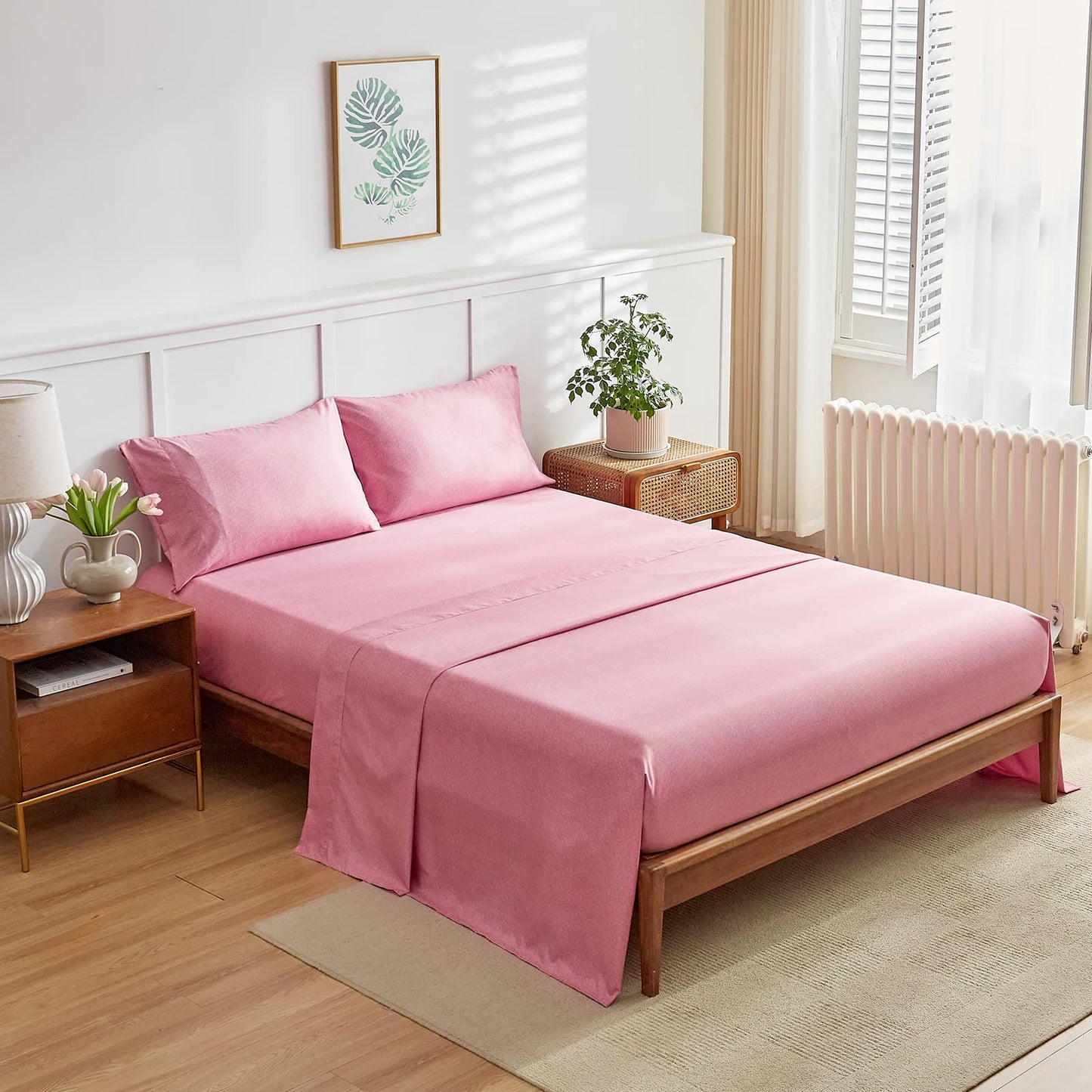 Pink Floral Comforter Sheet Set Bed in a Bag 7 Pieces Queen Size Pink Gray Flower Leaves Bedding Set (1 Comforter 2 Pillow Shams 1 Flat Sheet 1 Fitted Sheet 2 Pillowcases)