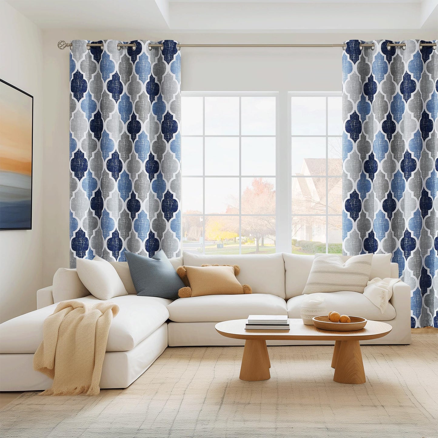 Beauoop 100% Blackout Curtains 84 Inches Long 2 Panels for Bedroom Living Room Blue Grey Moroccan Geo Room Darkening Thermal Insulated Soundproof Grommet Top Window Treatments Drapes, 50x84 Set of 2