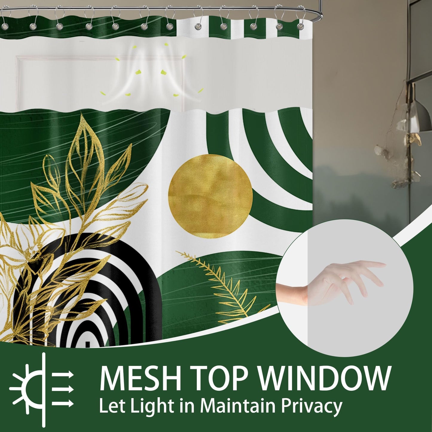 Bxpaitx Olive Green Bohemian See Through Mesh Top Shower Curtain with Window, Emerald Green Mid Century Modern Double Layer Shower Curtains with Snap in Liner, Waterproof Fabric with Hooks, 71x 72 in