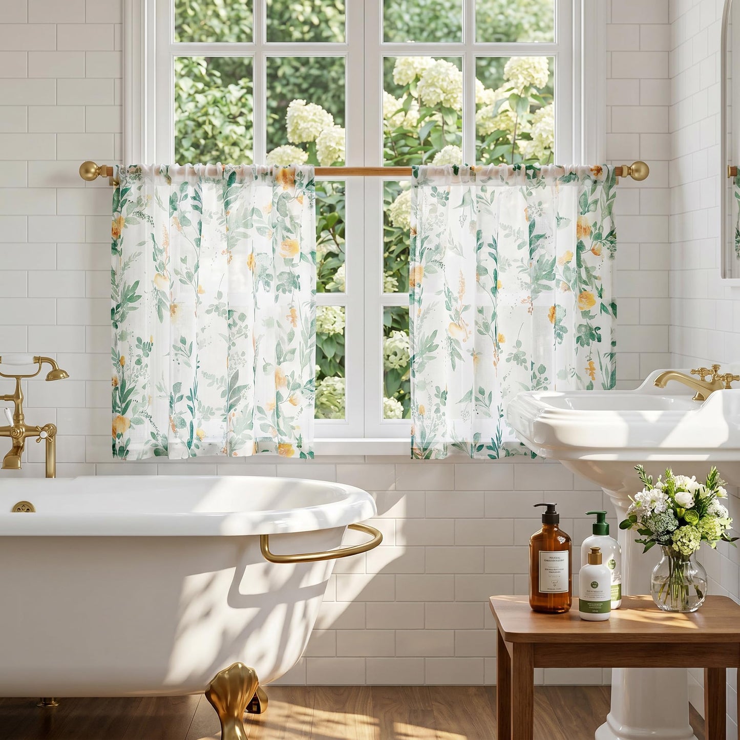 MYSKY HOME Green Sheer Curtains 36 Inches Long 2 Panels Set Country Rustic Floral Design Spring Short Curtains for Windows Rod Pocket Drapes, Each Panel 52" Wide